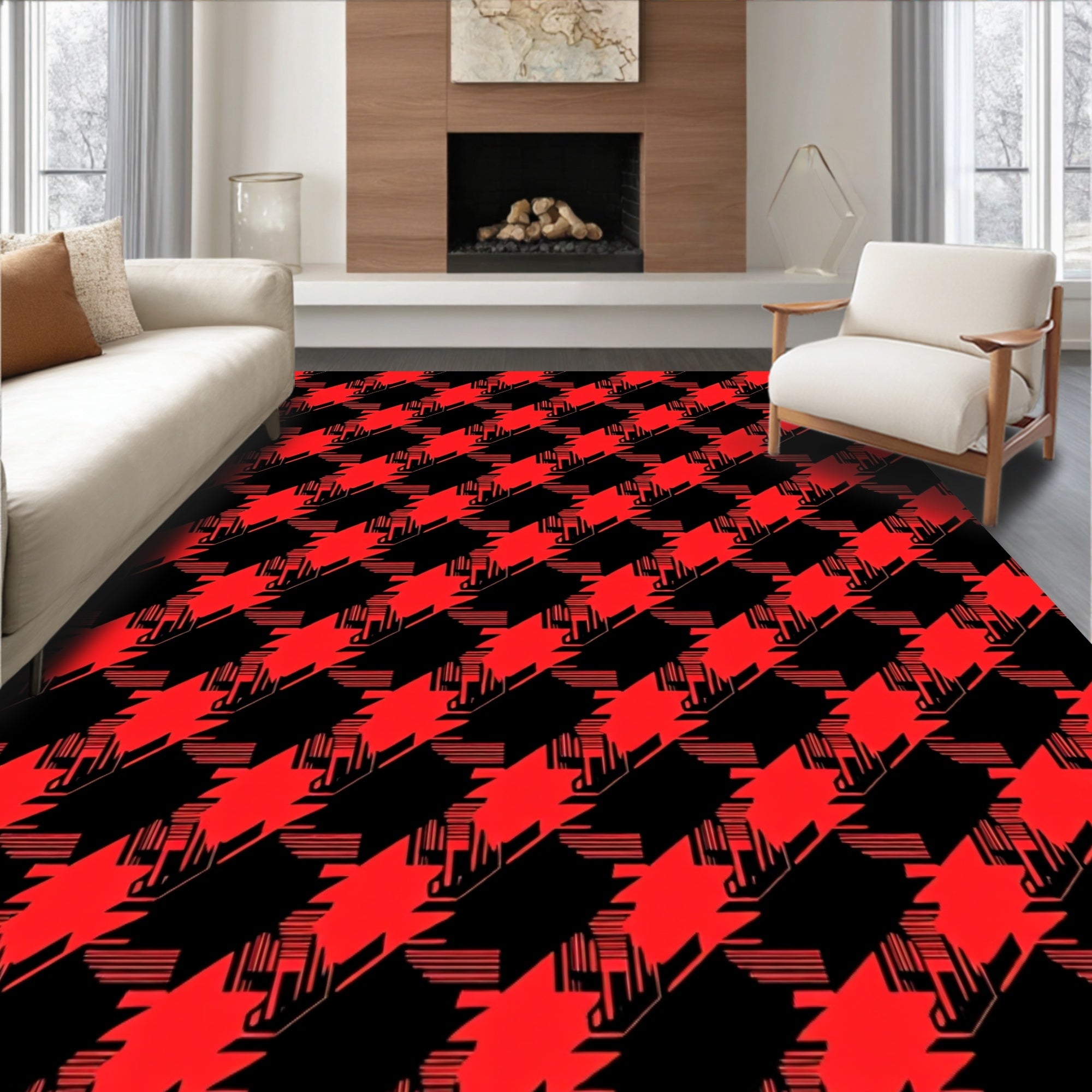 Bold Red Houndstooth Jagged Stripes Rug