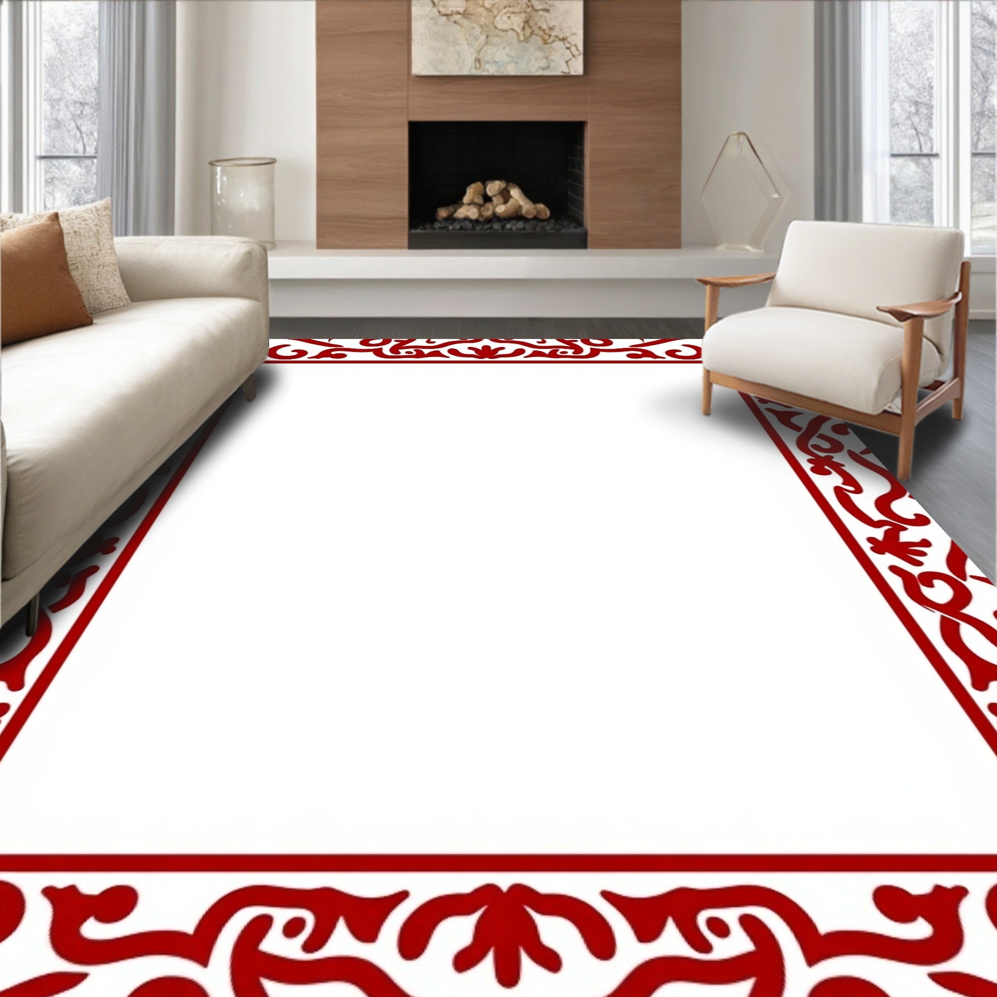 Elegant Red Vine Scroll Frame Rug