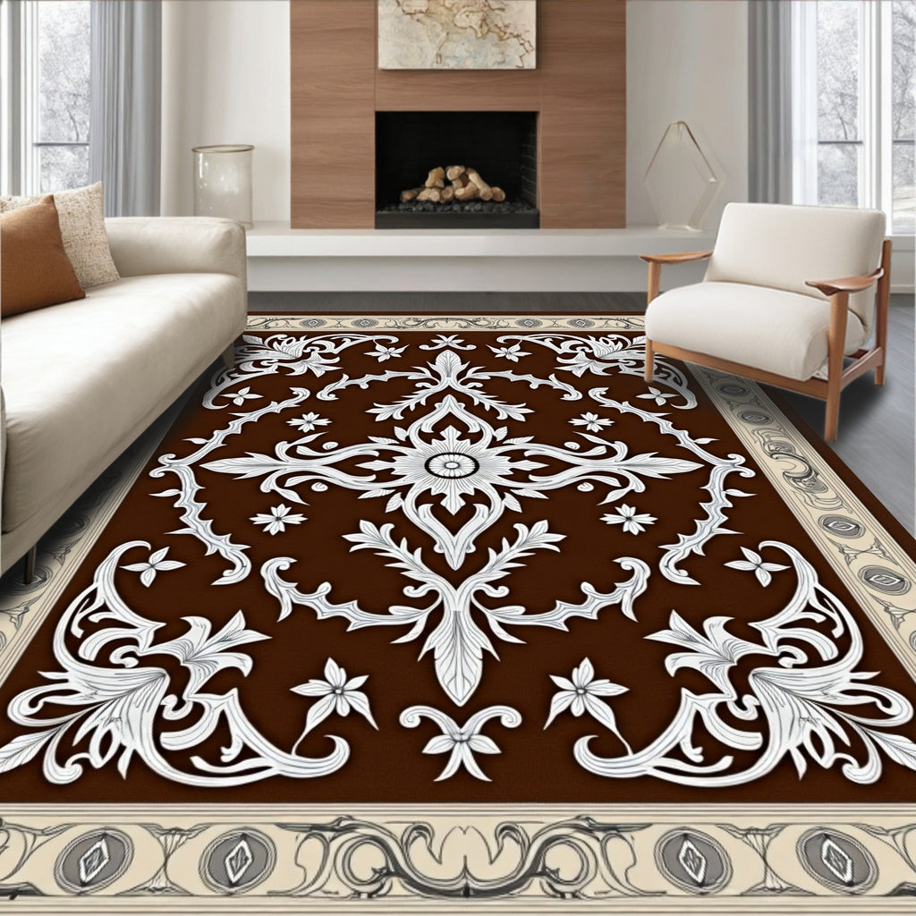 Ornate White Filigree Brown Botanical Rug