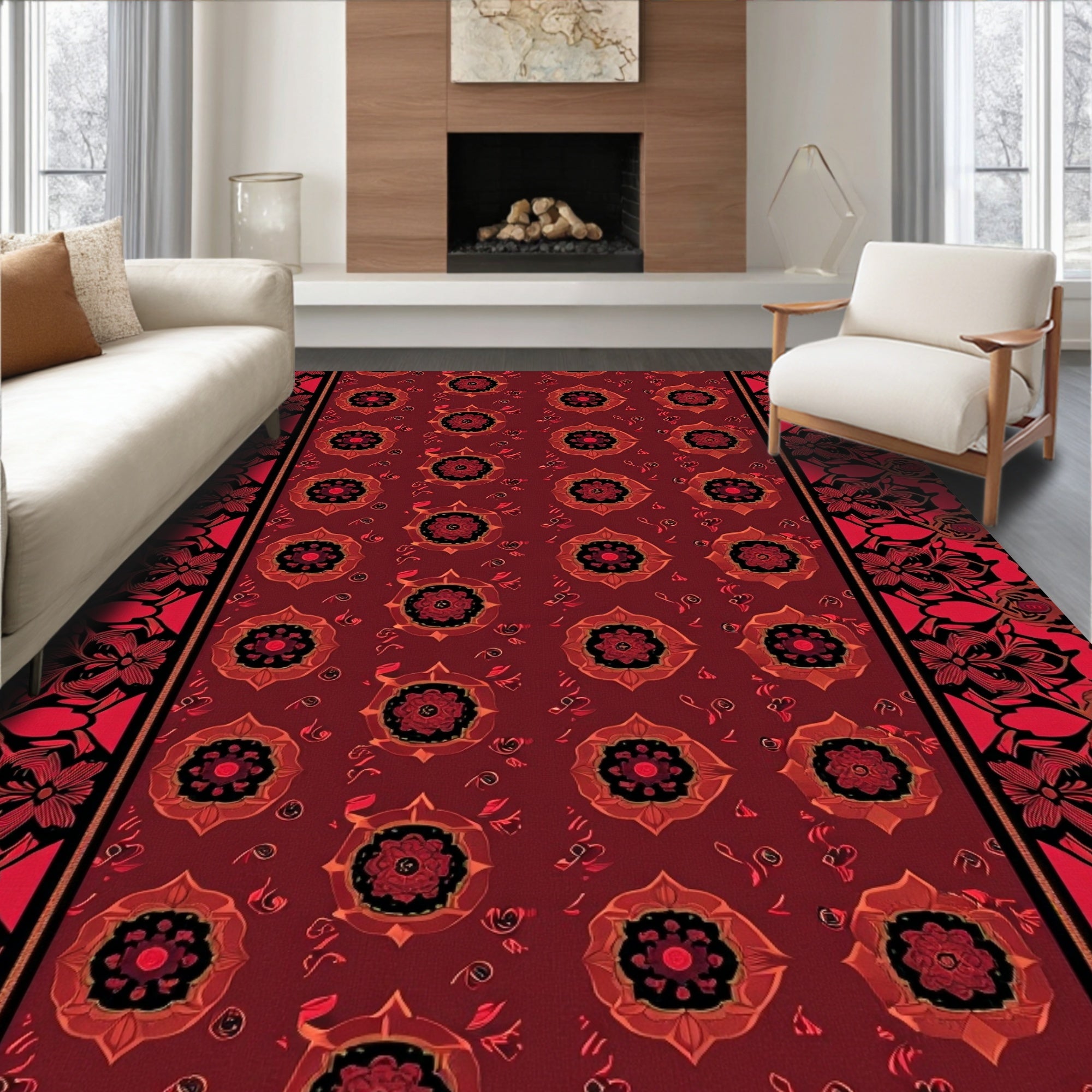 Rich Crimson Bloom Border Medallions Rug