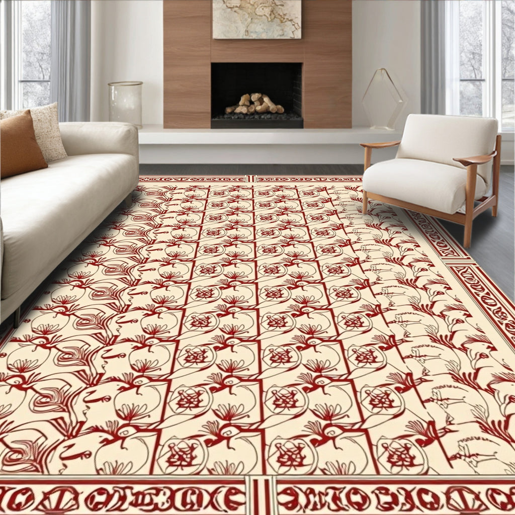 Crimson Floral Motif Geometric Harmony Rug
