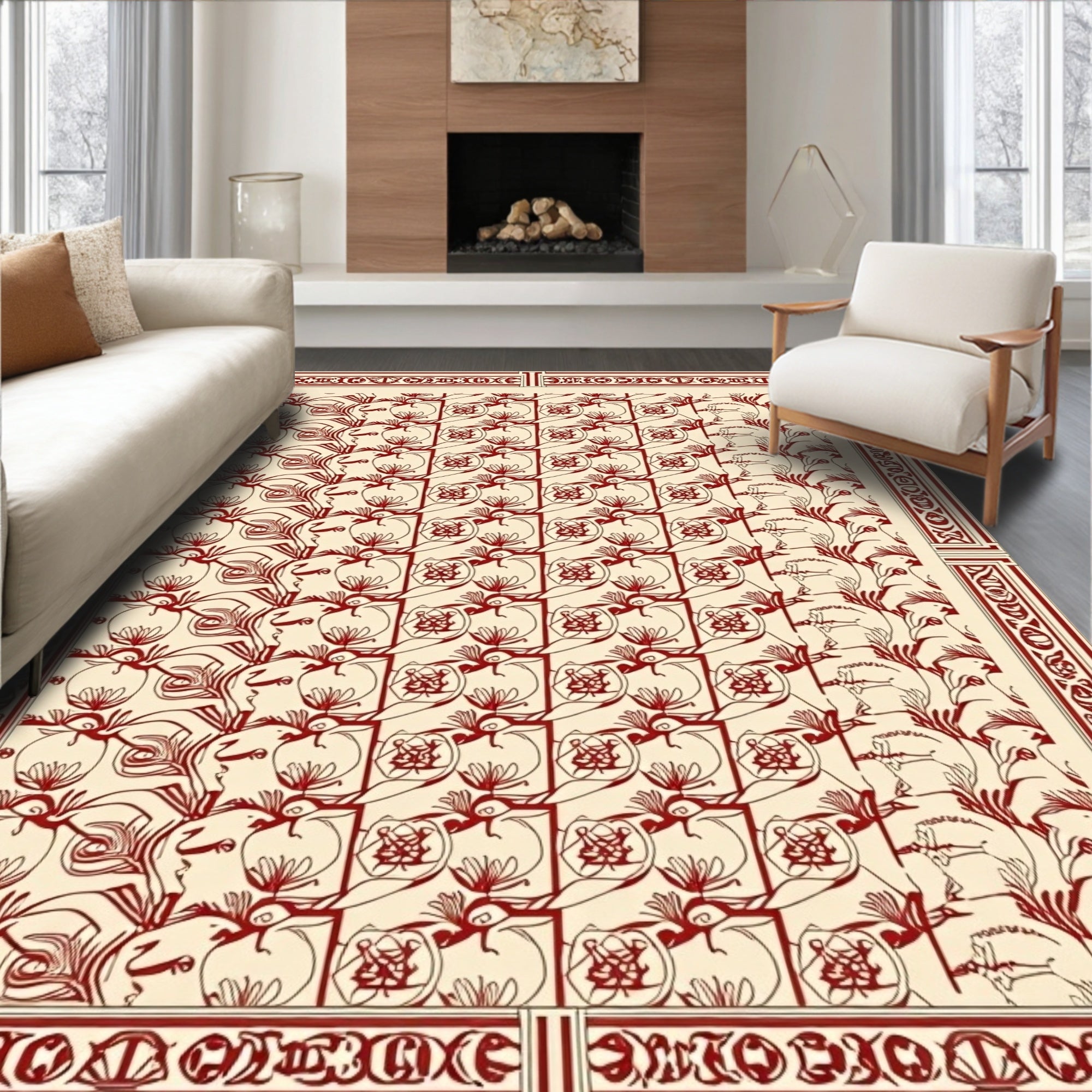 Crimson Floral Motif Geometric Harmony Rug