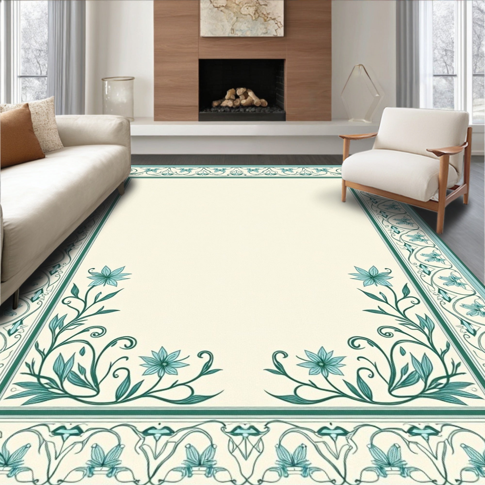 Teal Floral Border Cream Classic Rug