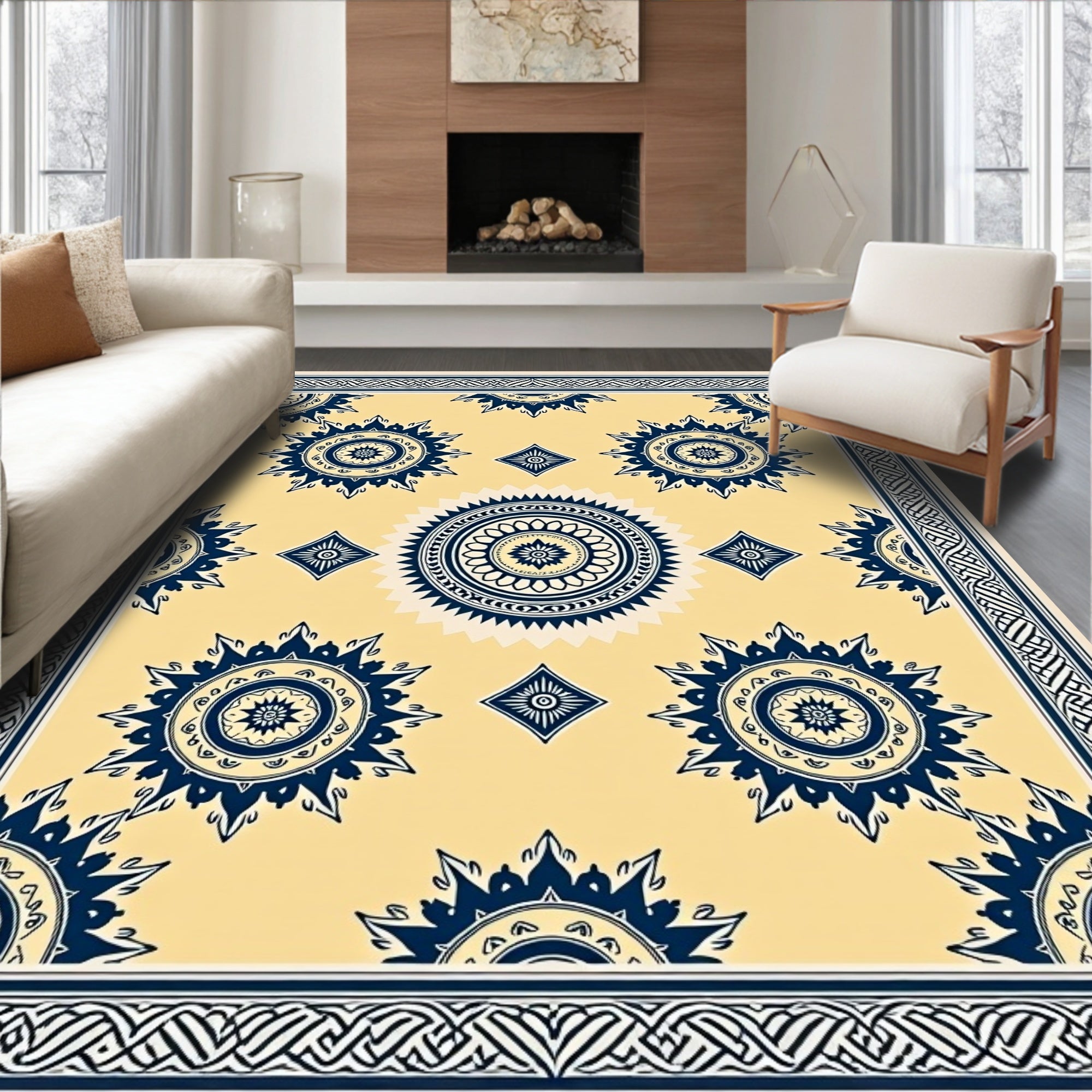 Cream and Navy Sunburst Medallion Rug
