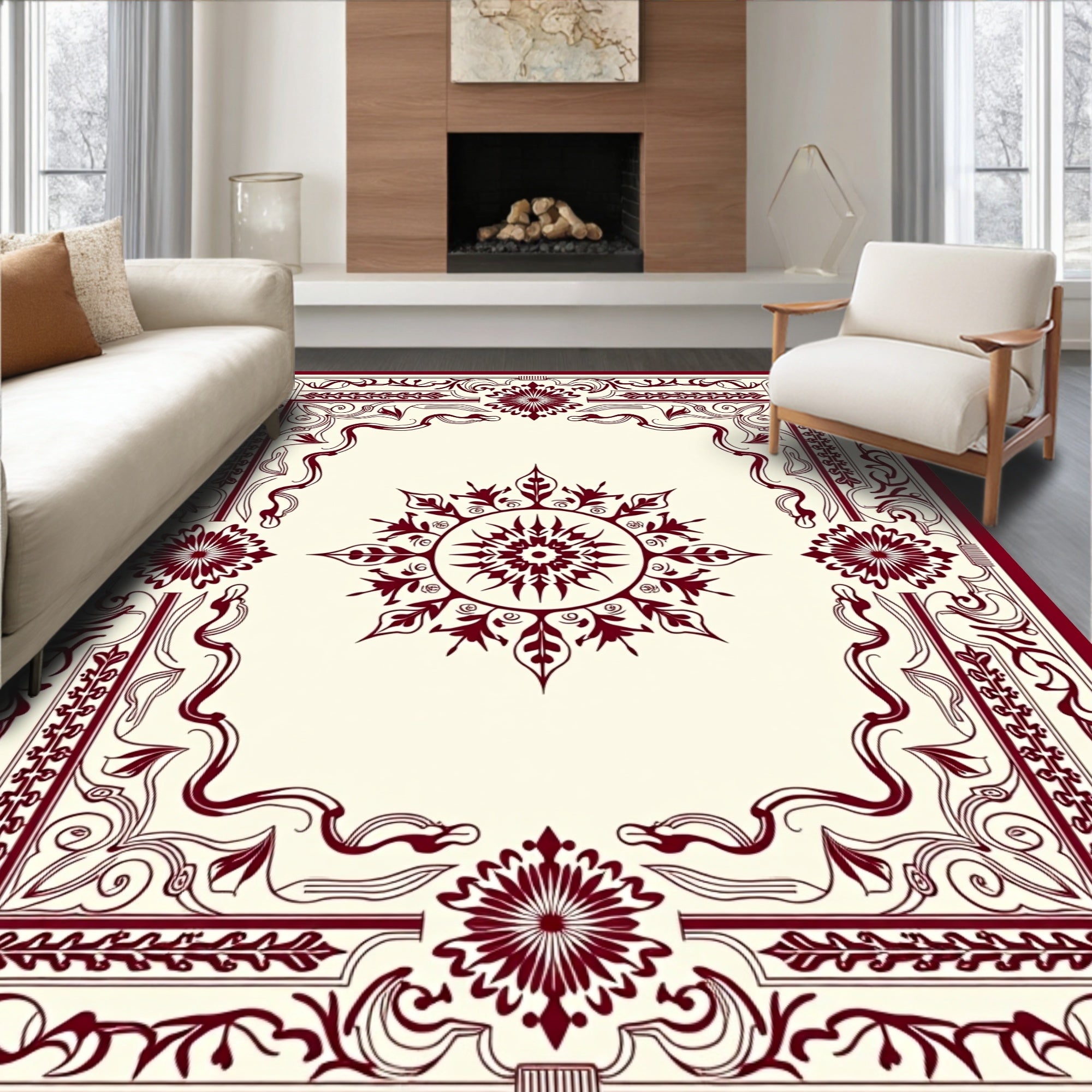 Burgundy Floral Medallion Border Rug