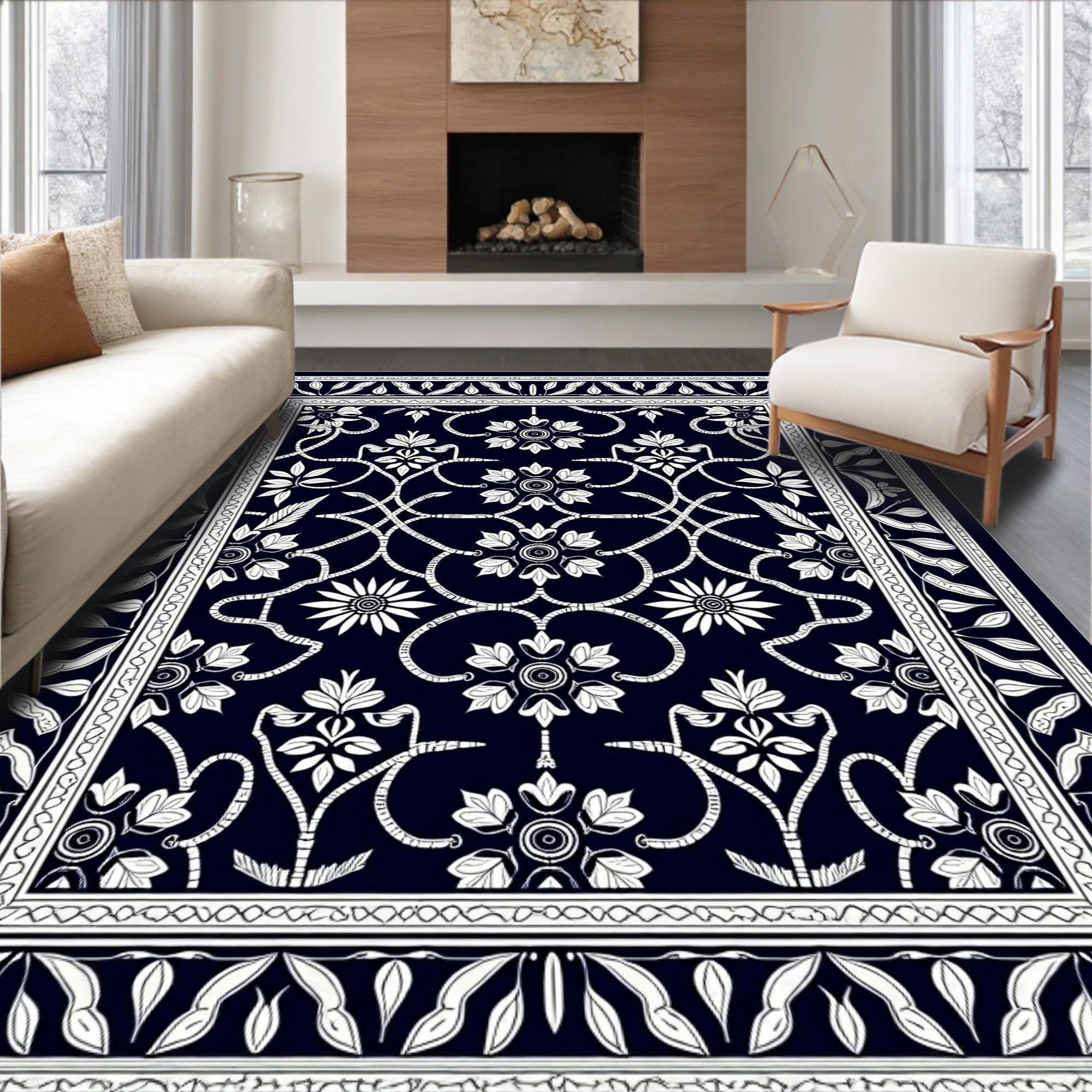 Classic Navy White Floral Vine Rug