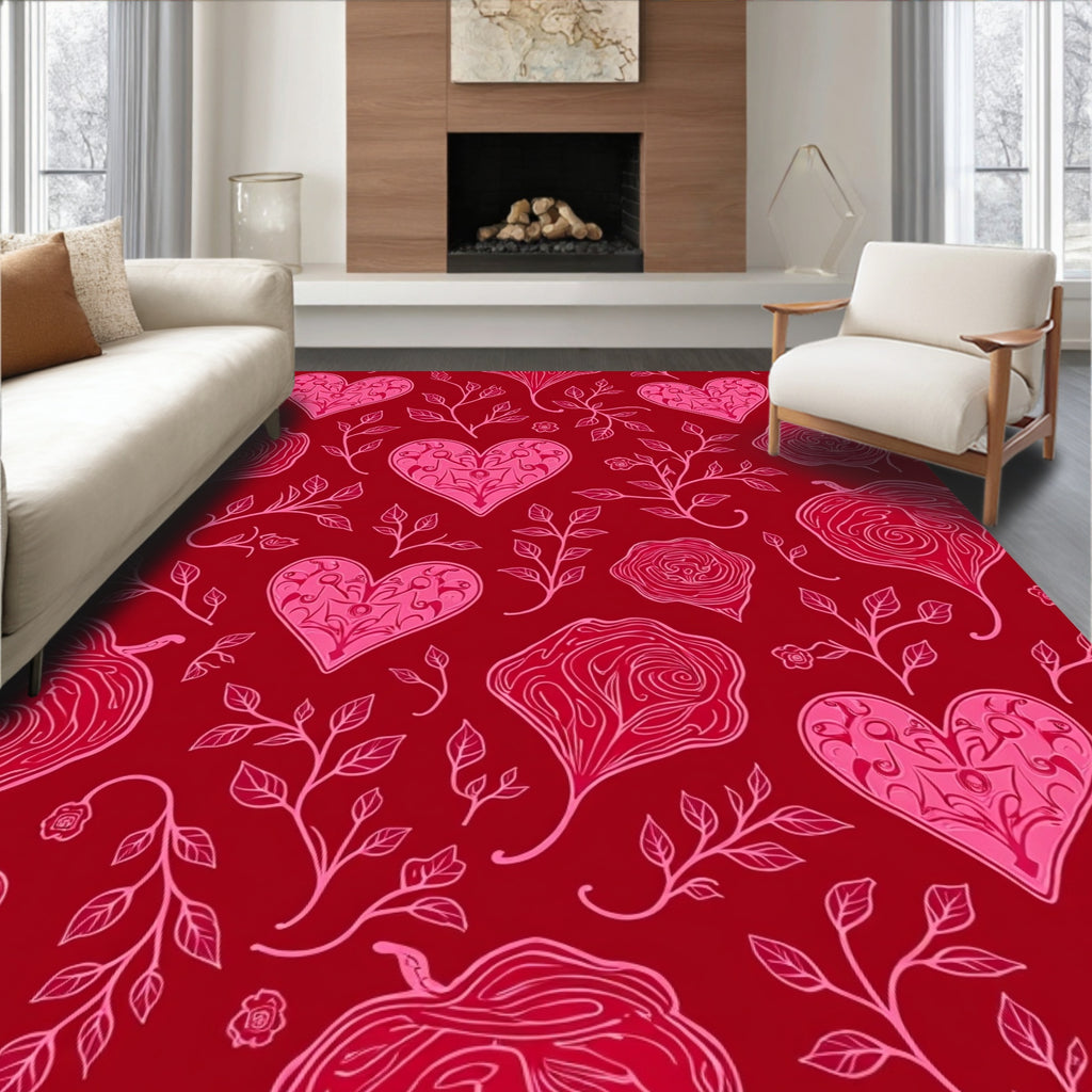 Crimson Pink Heart Floral Vine Rug