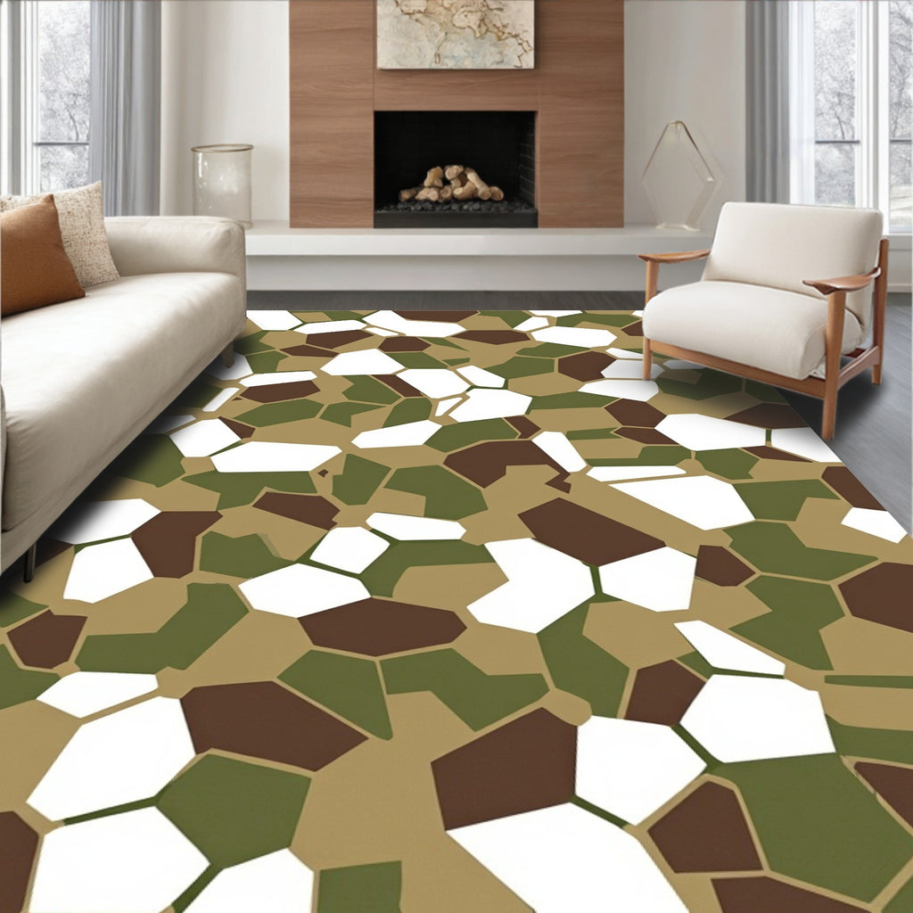 Camouflage Green Brown White Geometric Shapes Rug