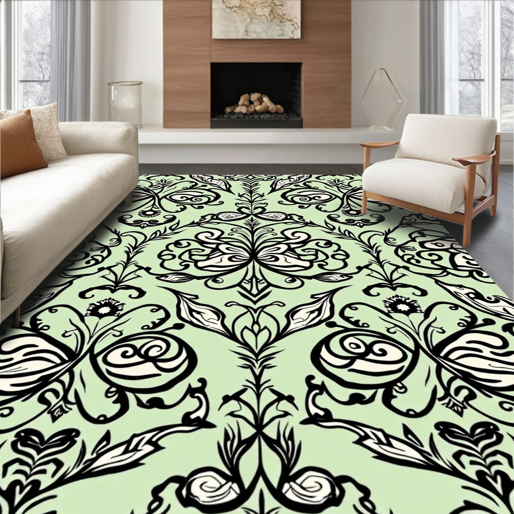 Light Green Black Swirl Floral Arabesque Rug