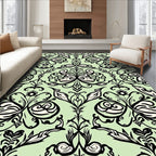 Light Green Black Swirl Floral Arabesque Rug
