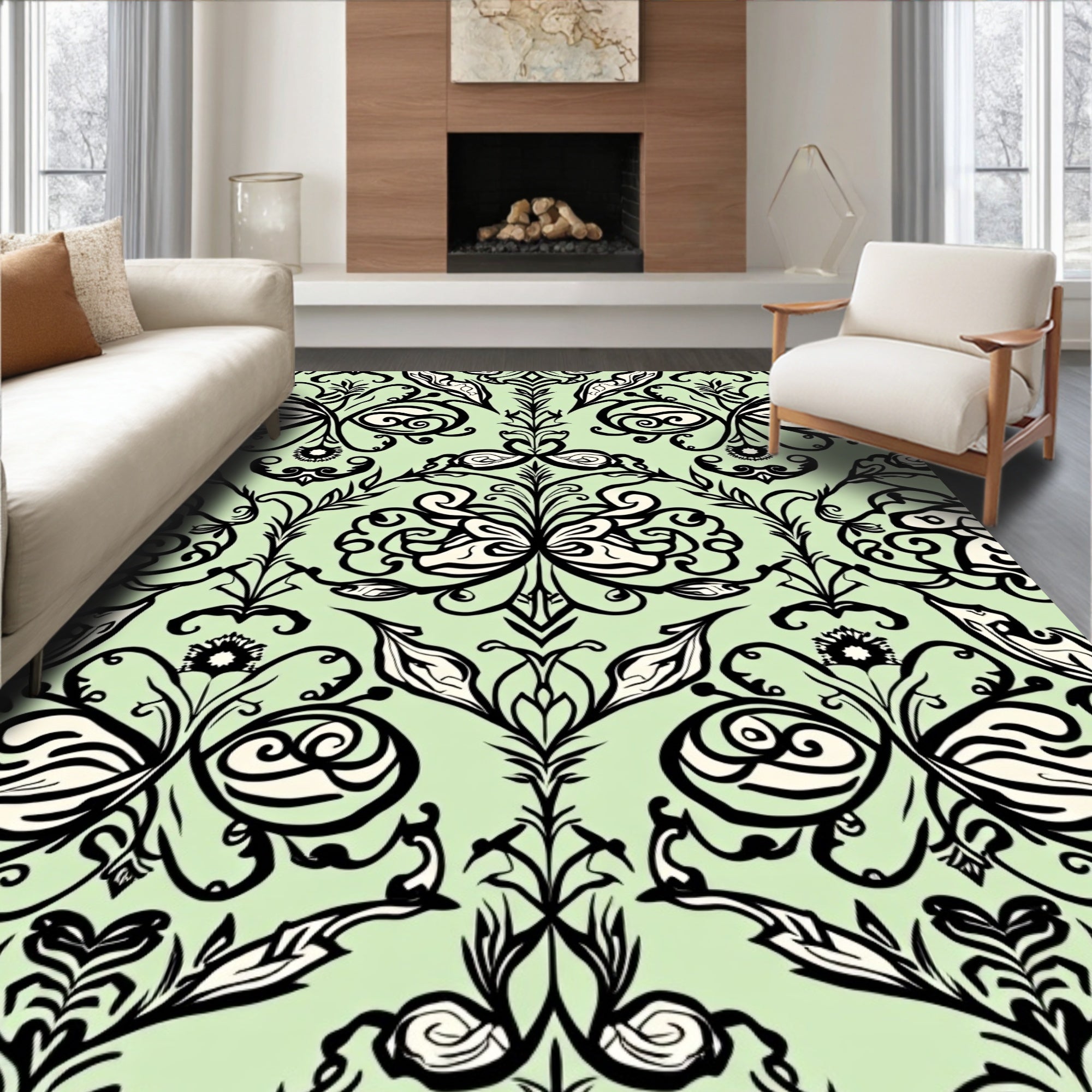 Light Green Black Swirl Floral Arabesque Rug