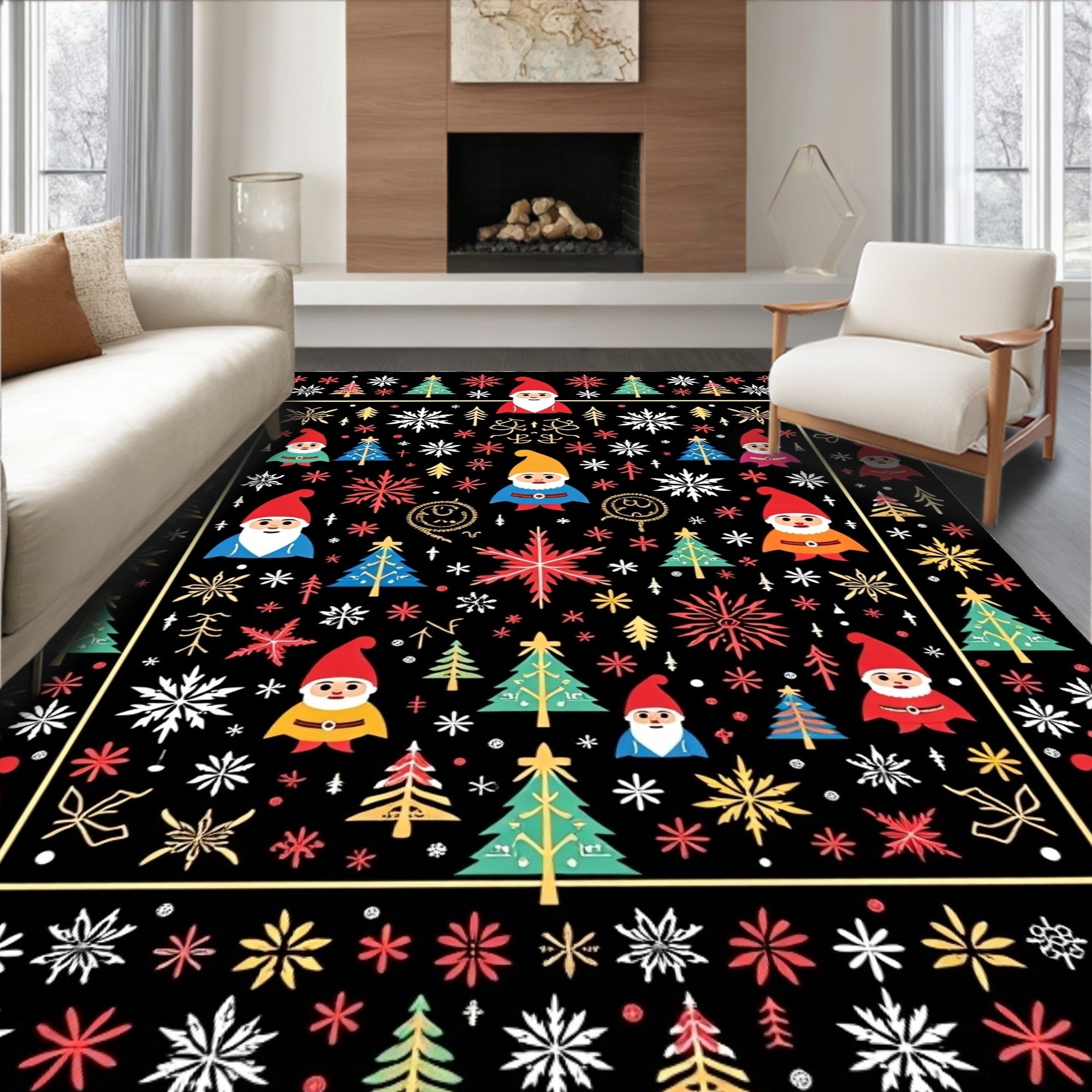 Christmas Gnomes Snowflakes Trees Square Rug