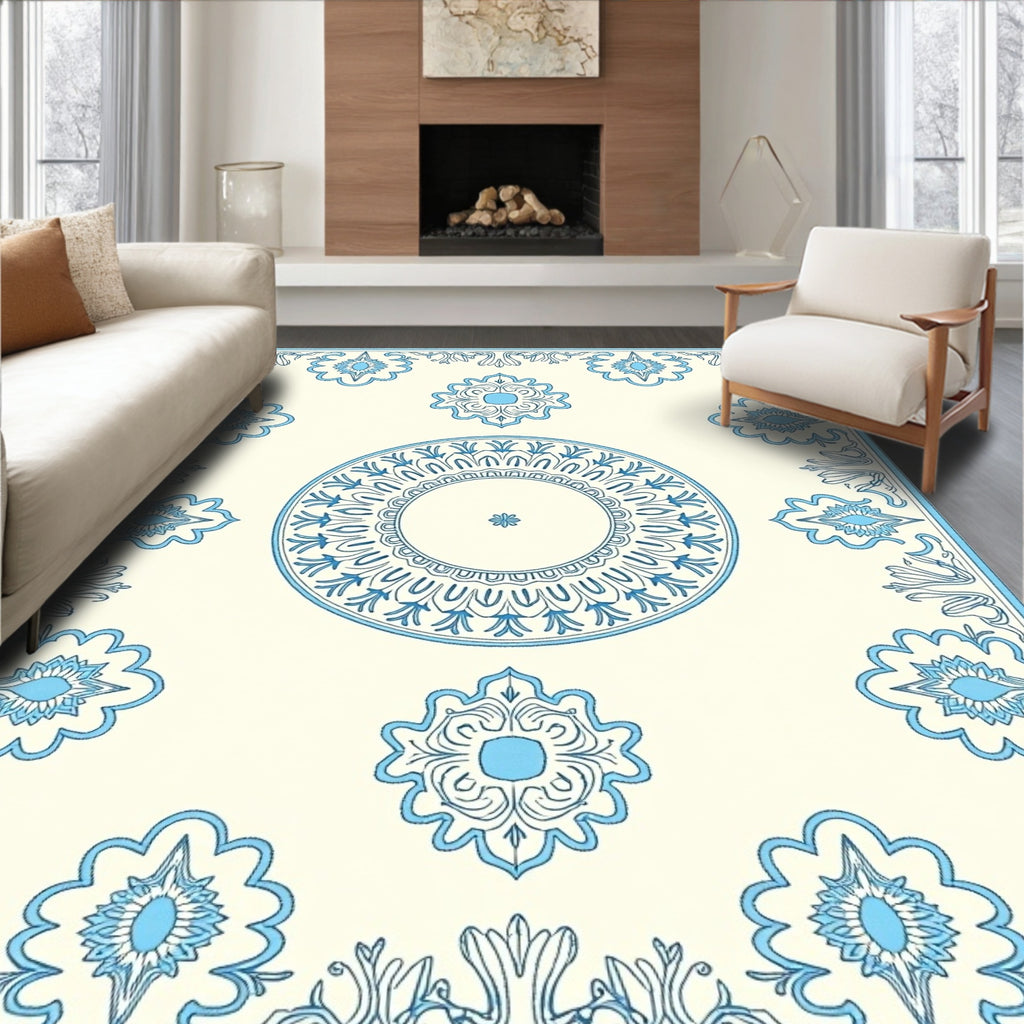 Cream Blue Medallion Floral Accent Rug