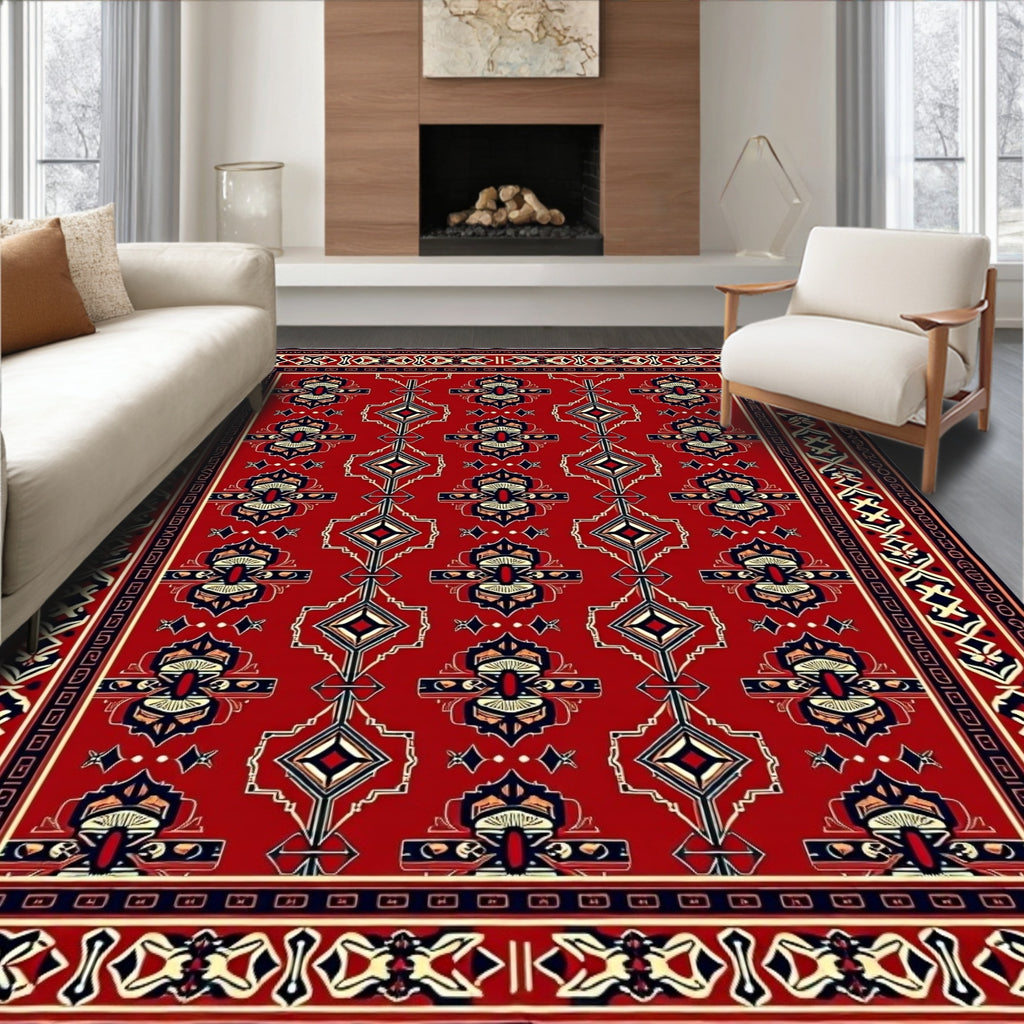 Crimson Red Geometric Medallion Border Rug
