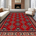 Crimson Red Geometric Medallion Border Rug
