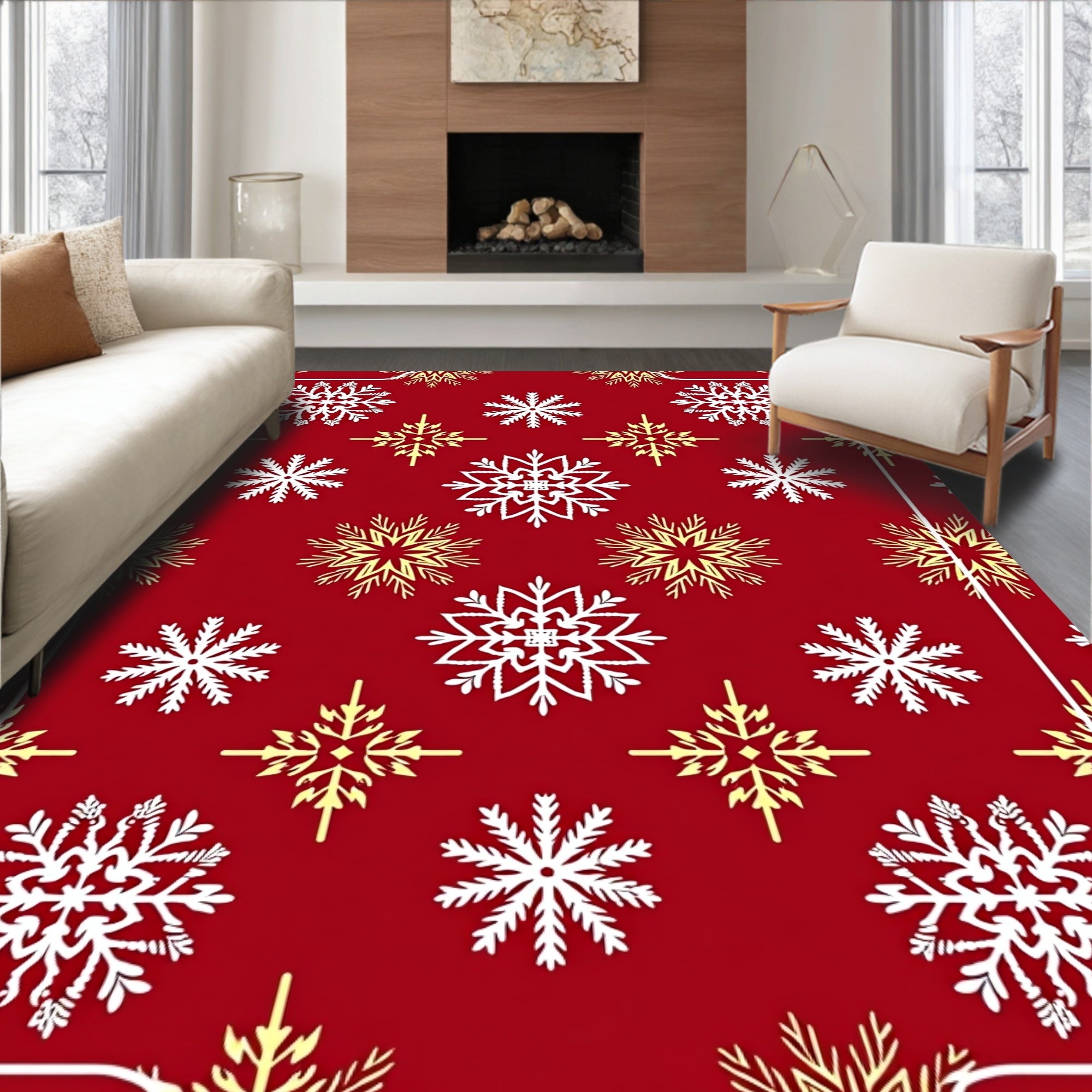 Red White Gold Snowflake Celebration Rug