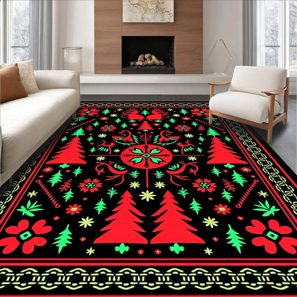 Bold Red Green Folk Art Trees Rug