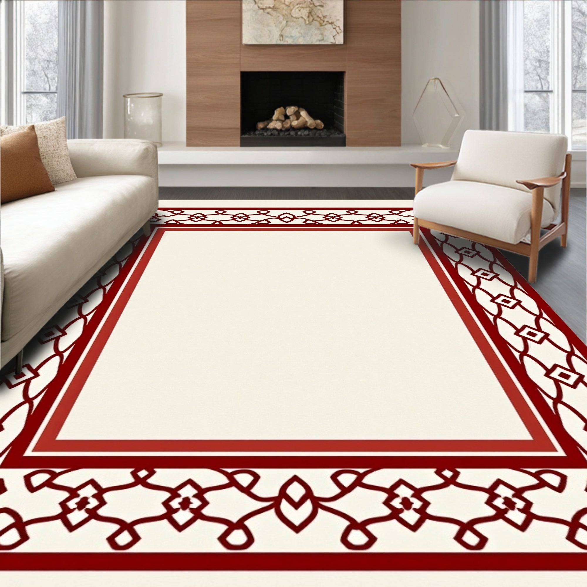 Crimson Red Openwork Geometric Border Rug