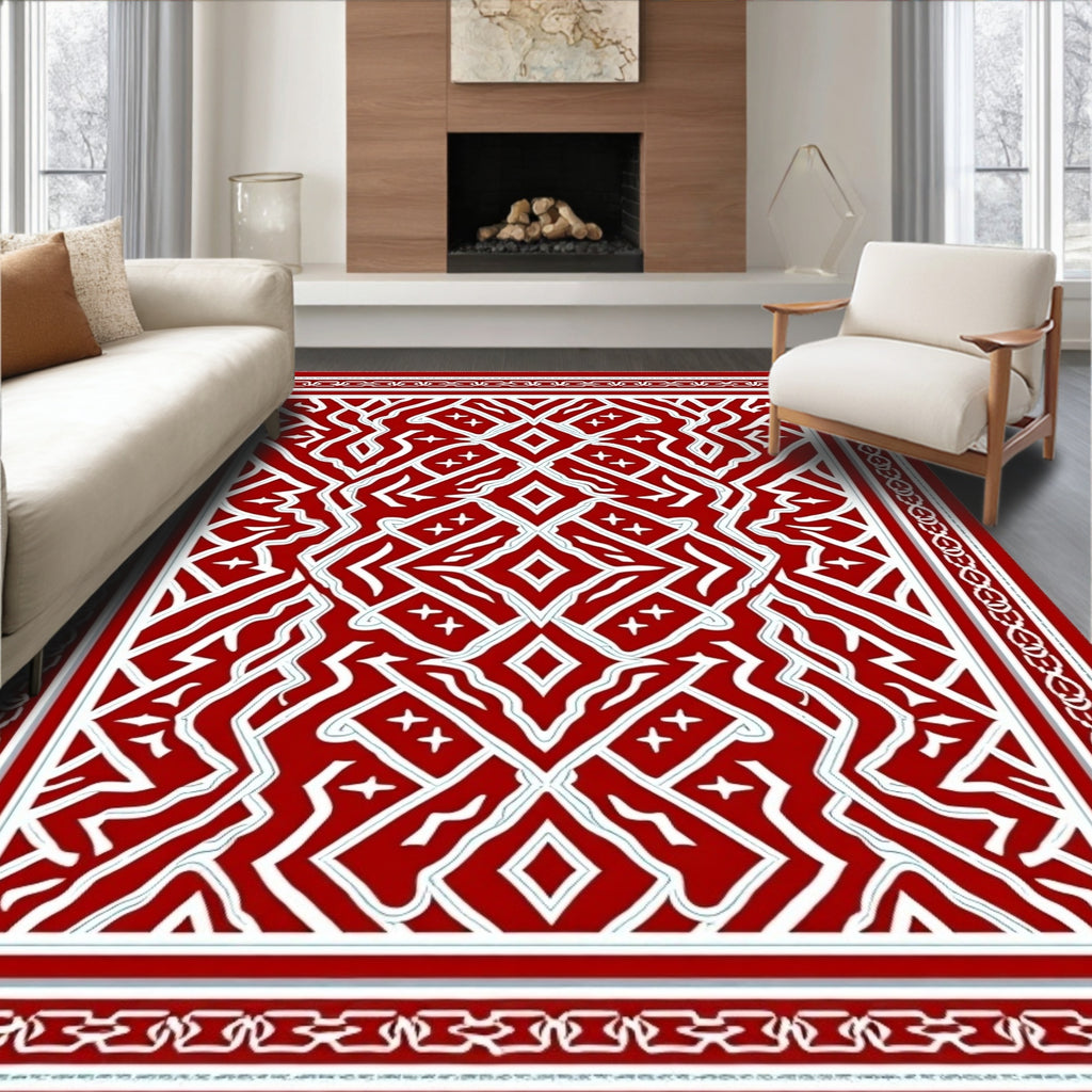 Crimson White Geometric Diamond Medallion Rug