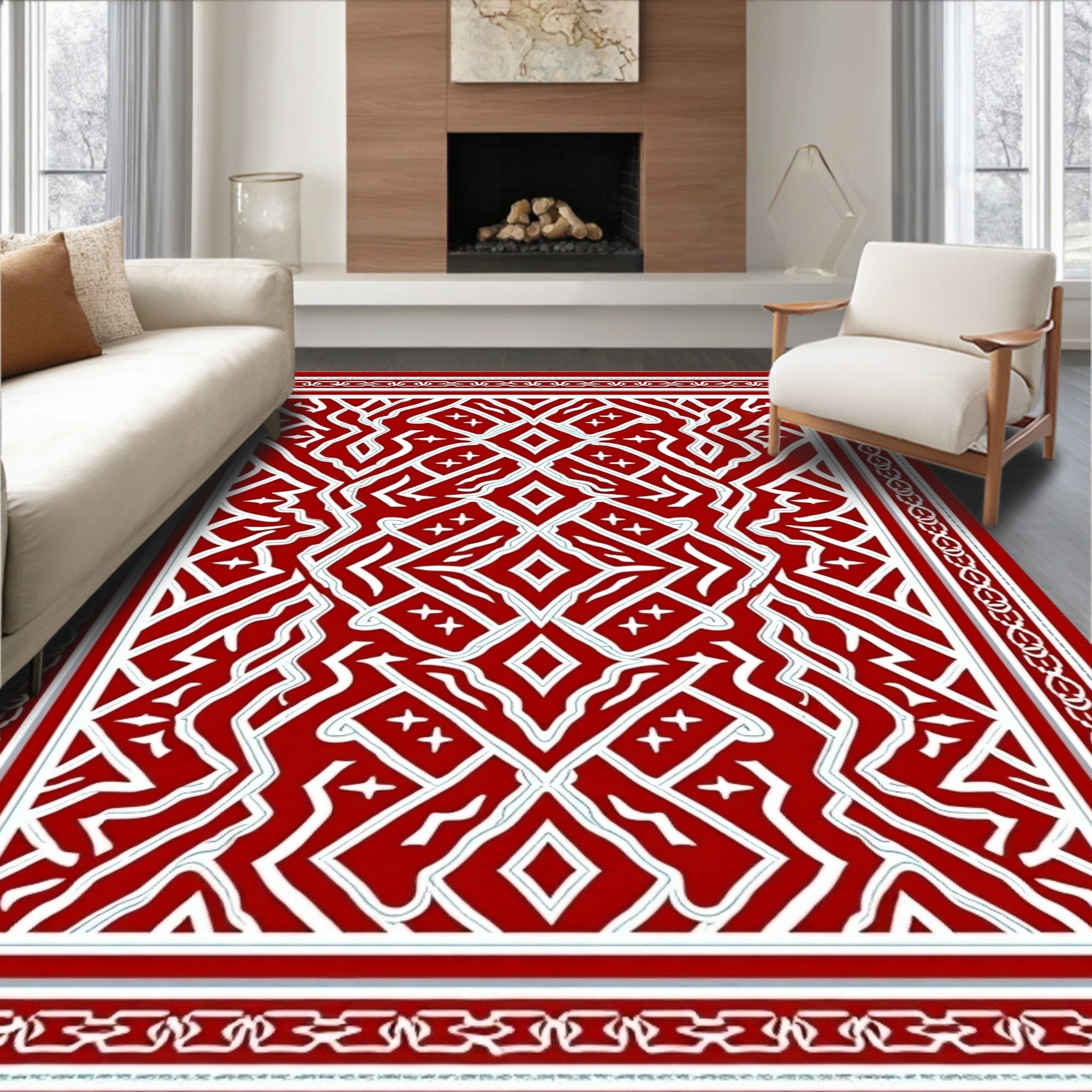 Crimson White Geometric Diamond Medallion Rug