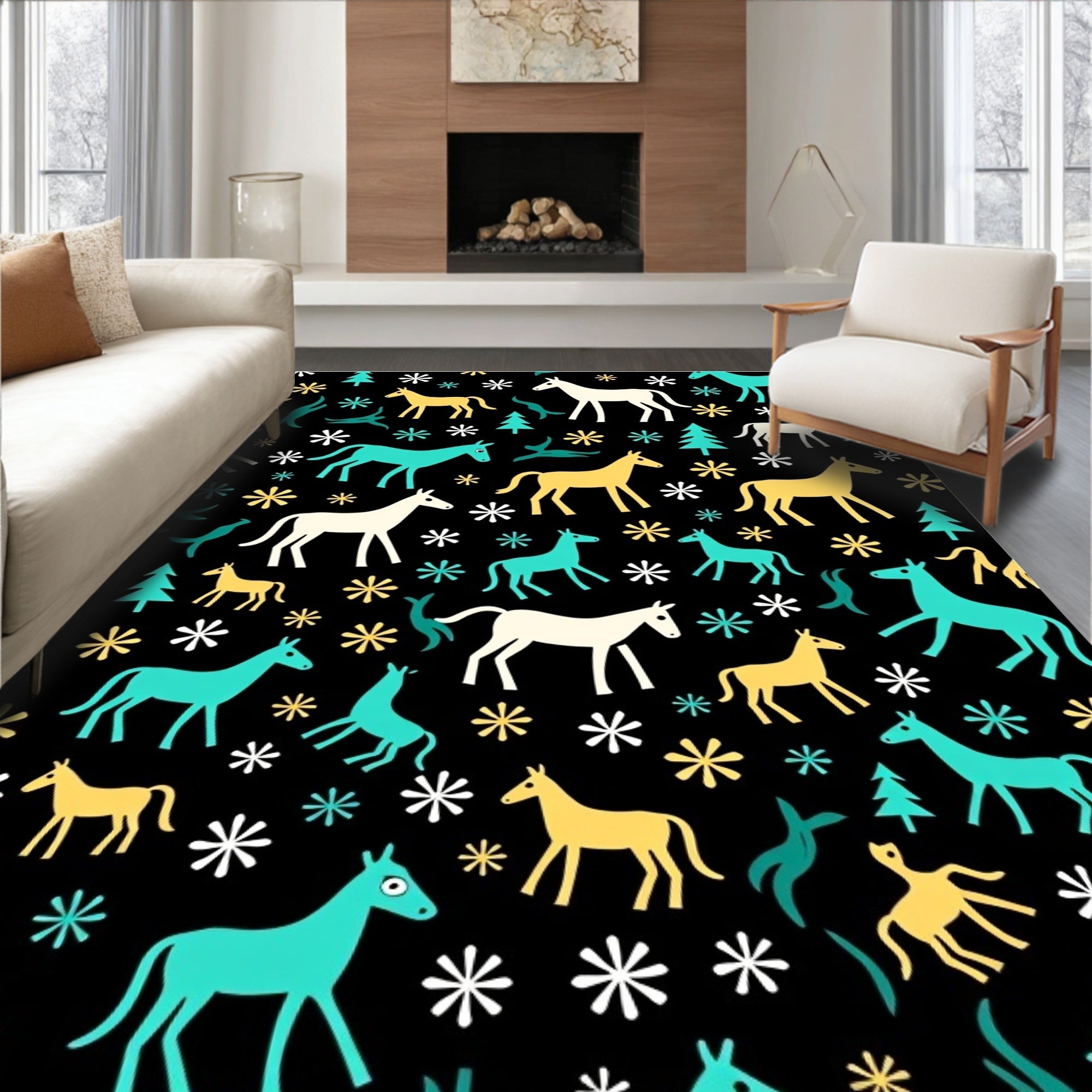 Whimsical Horses And Trees In Teal Rug