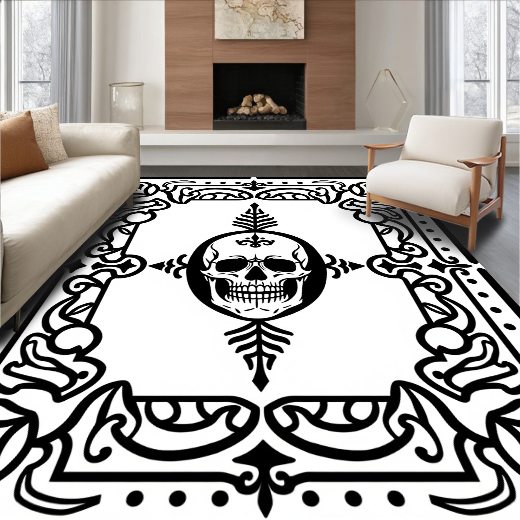 Black Skull Goth Border Medallion Rug