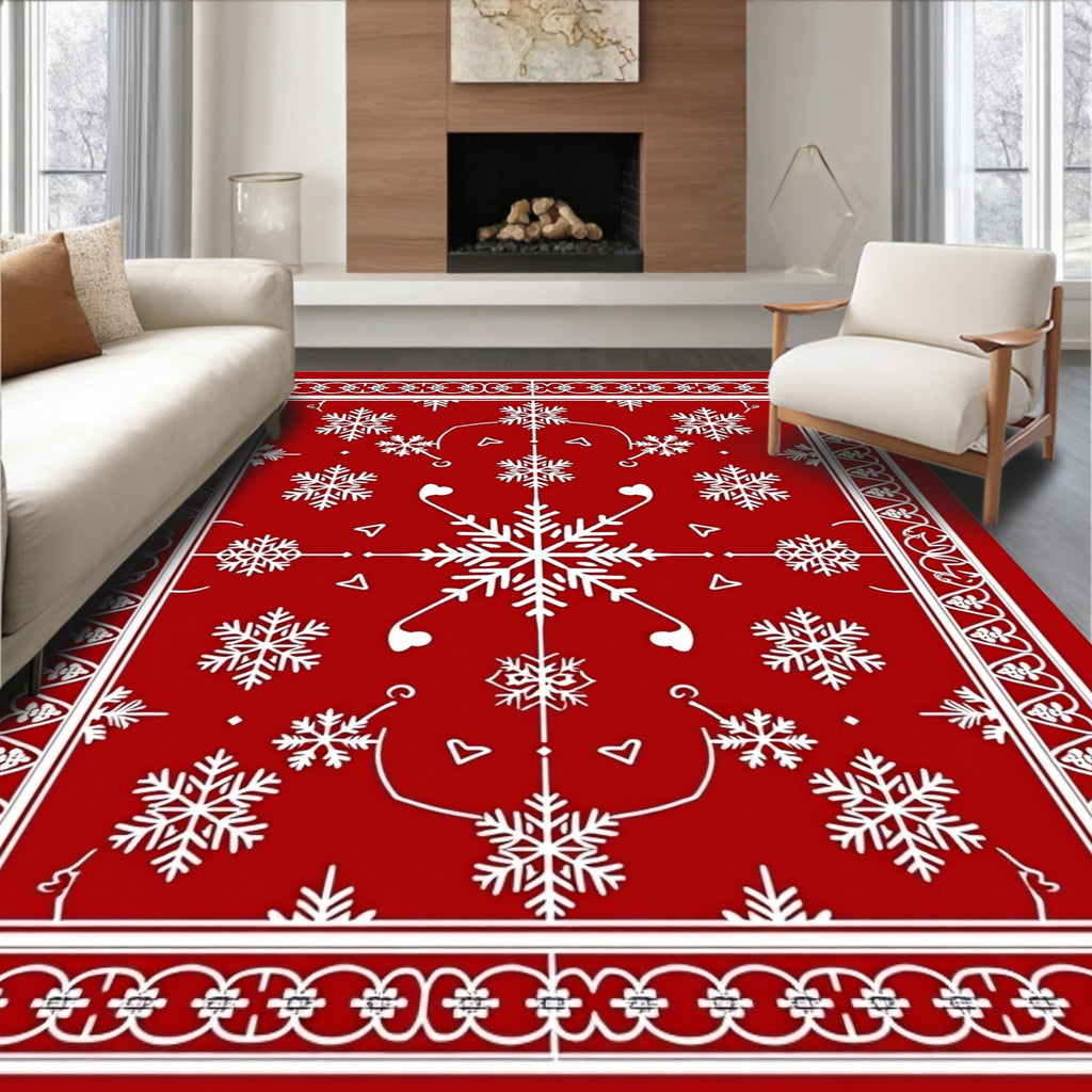 Crimson Snowflake Winter Border Rug