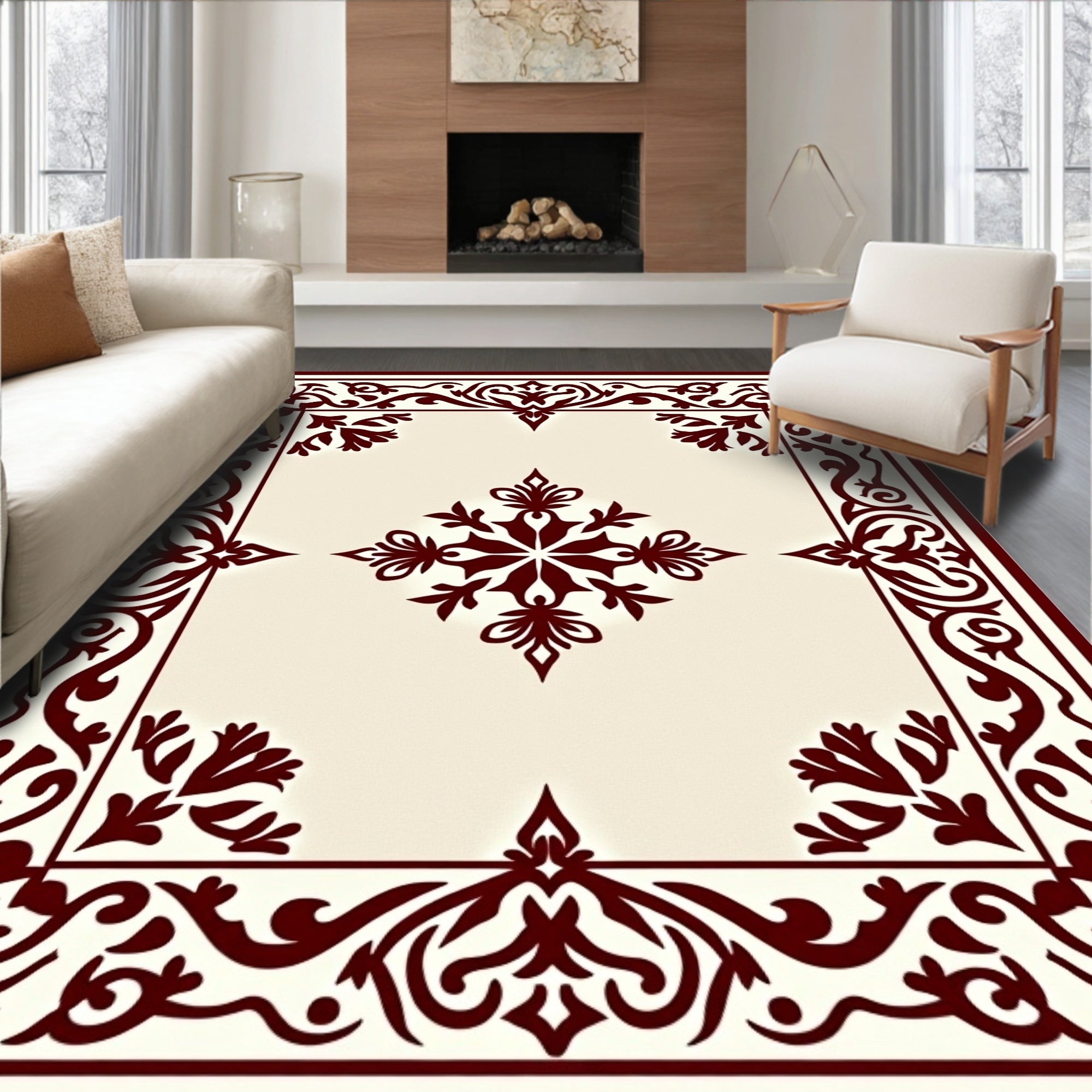 Dark Red Floral Medallion Cream Accent Rug