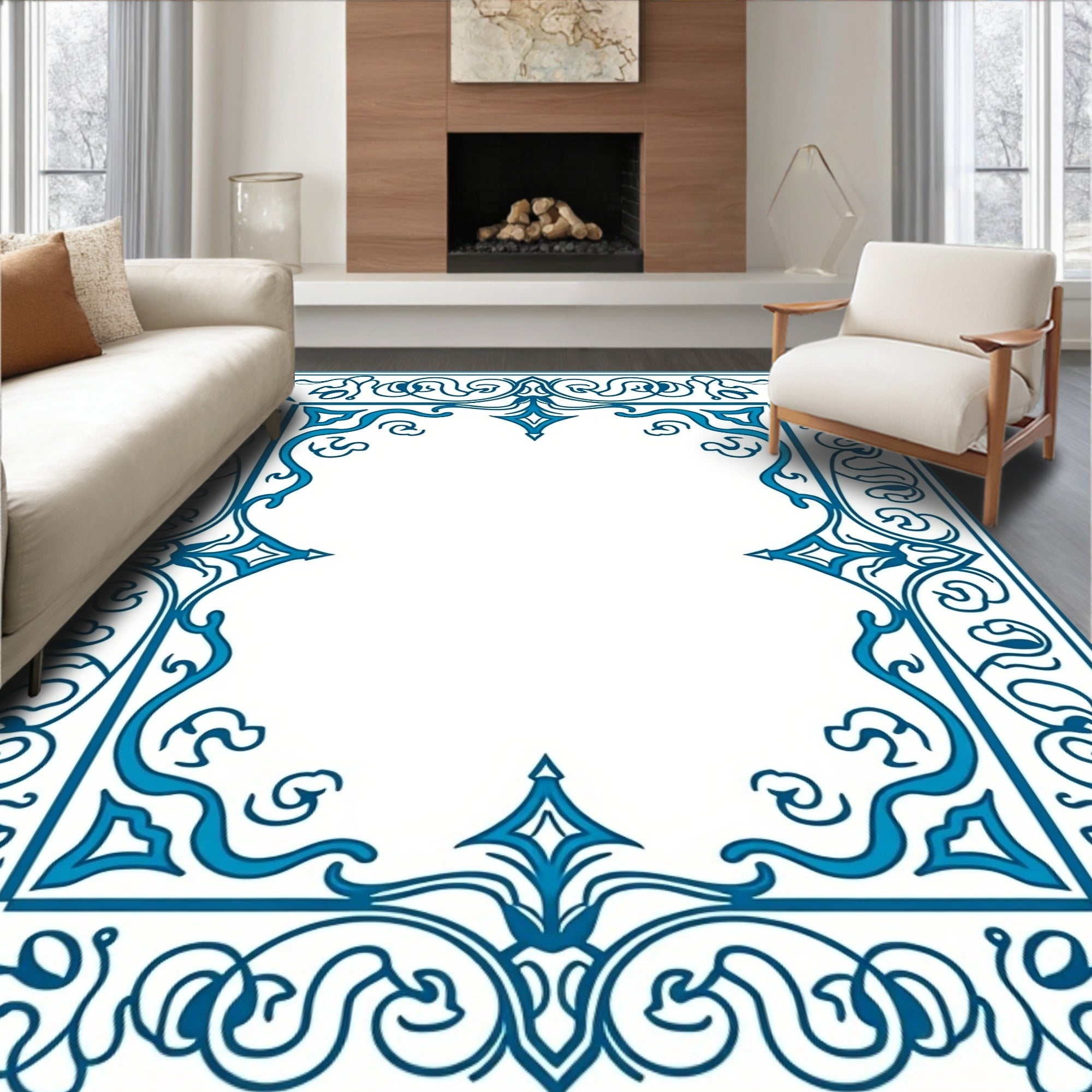 Azure Blue Ornate Scroll Border Rug