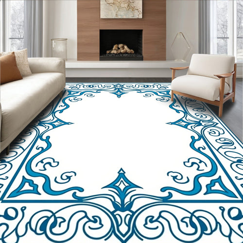 Azure Blue Ornate Scroll Border Rug