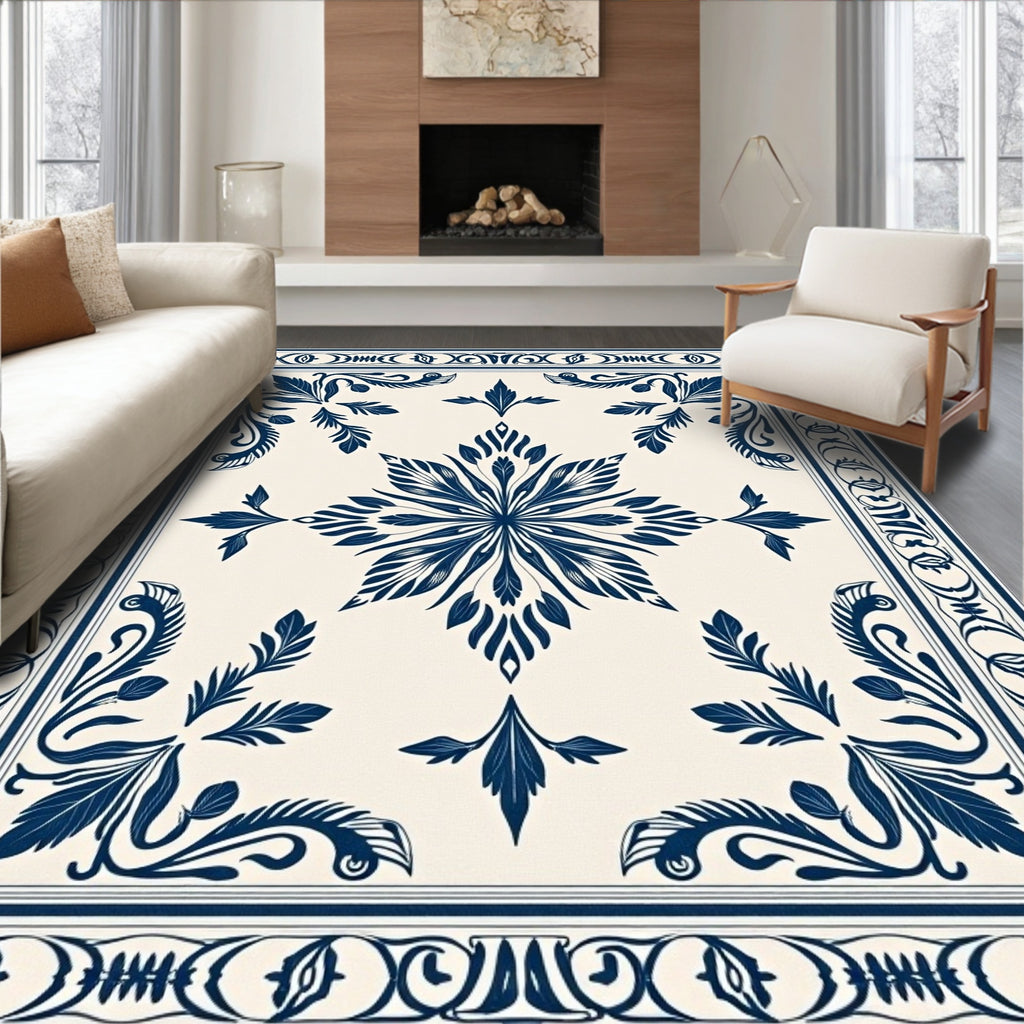 Dark Blue Floral Medallion Cream Rug