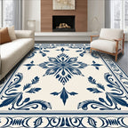 Dark Blue Floral Medallion Cream Rug