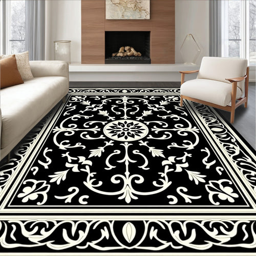 Black and White Floral Scroll Rug