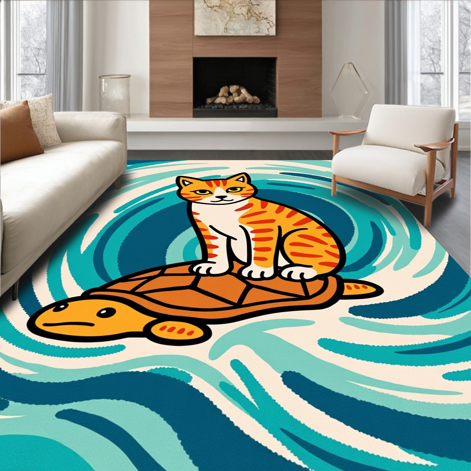 Orange Cat Riding Turtle Waves Rug