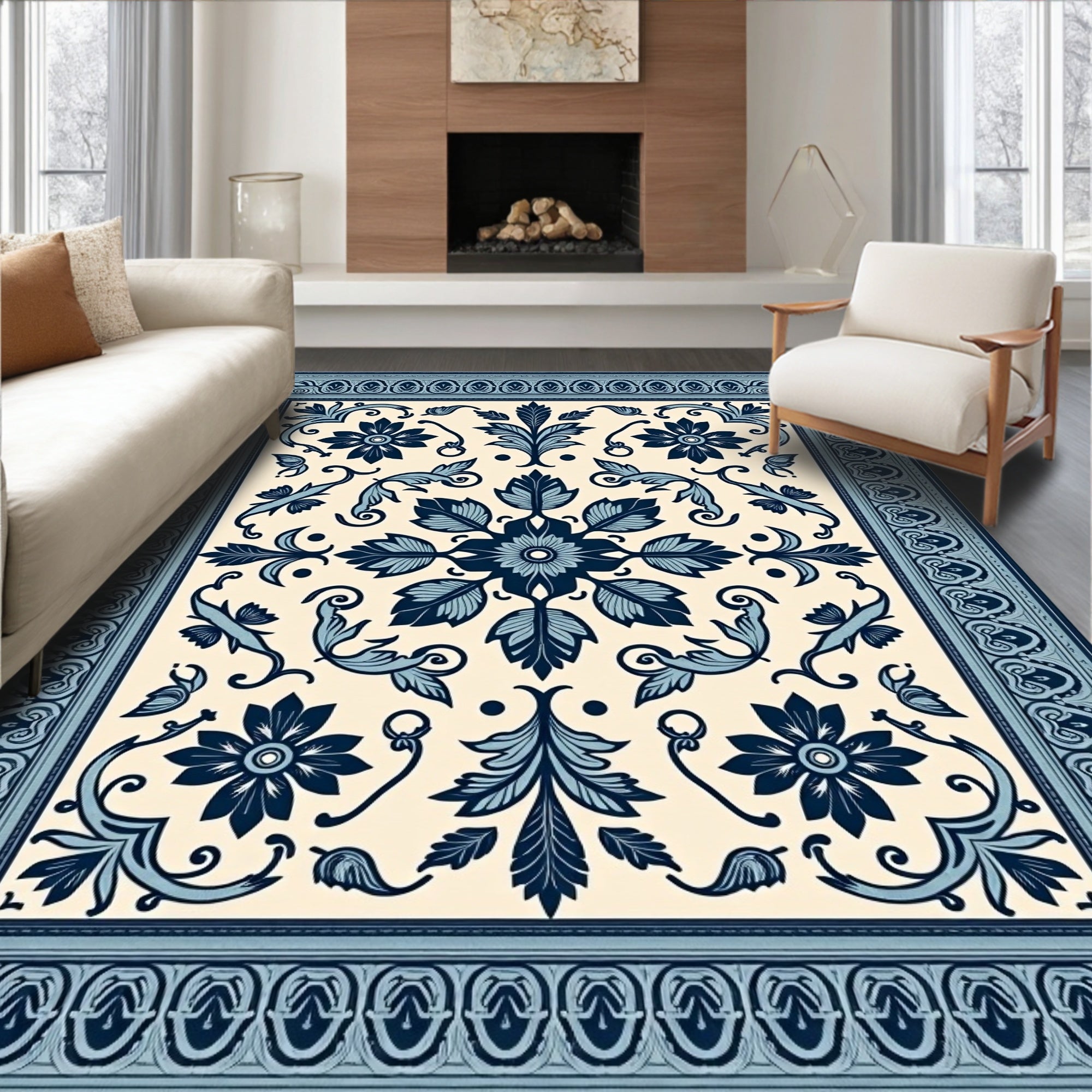 Oceanic Floral Symmetry Cream Tapestry Rug