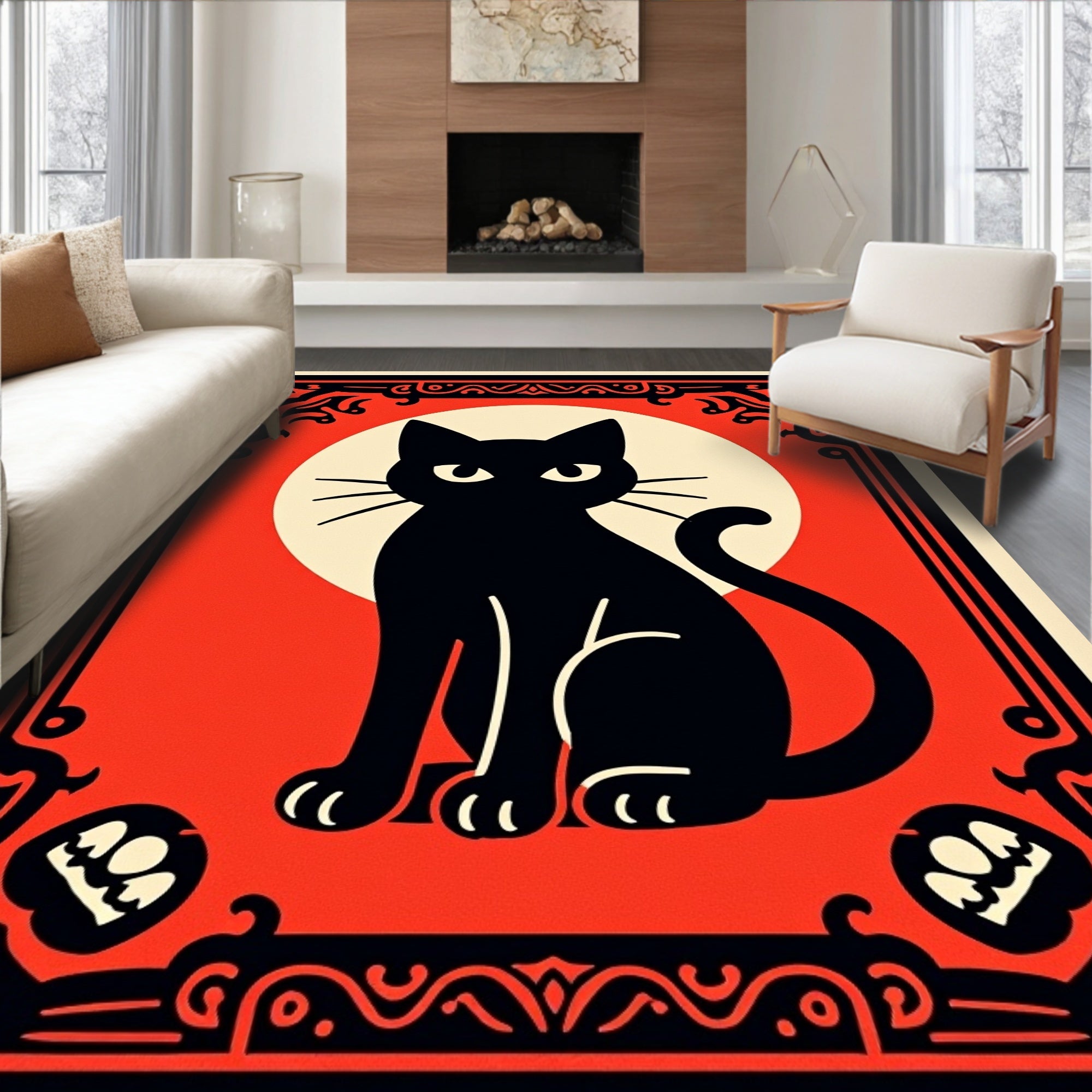 Ornate Black Cat Halloween Rug