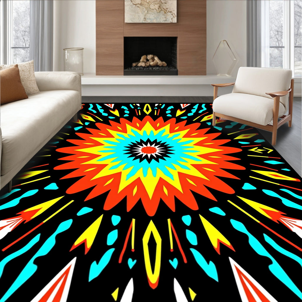 Vibrant Fireburst Abstract Mandala Rug