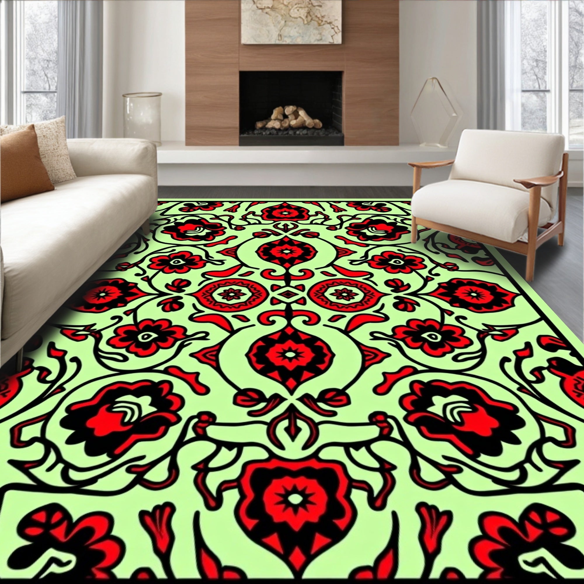 Red Floral Medallion Light Green Background Rug