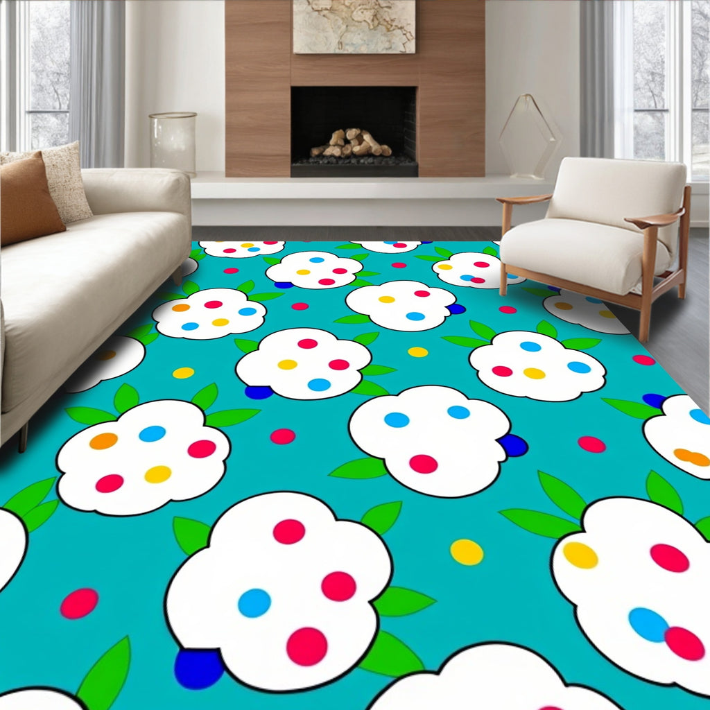 White Blossom Polka Dot Teal Rug