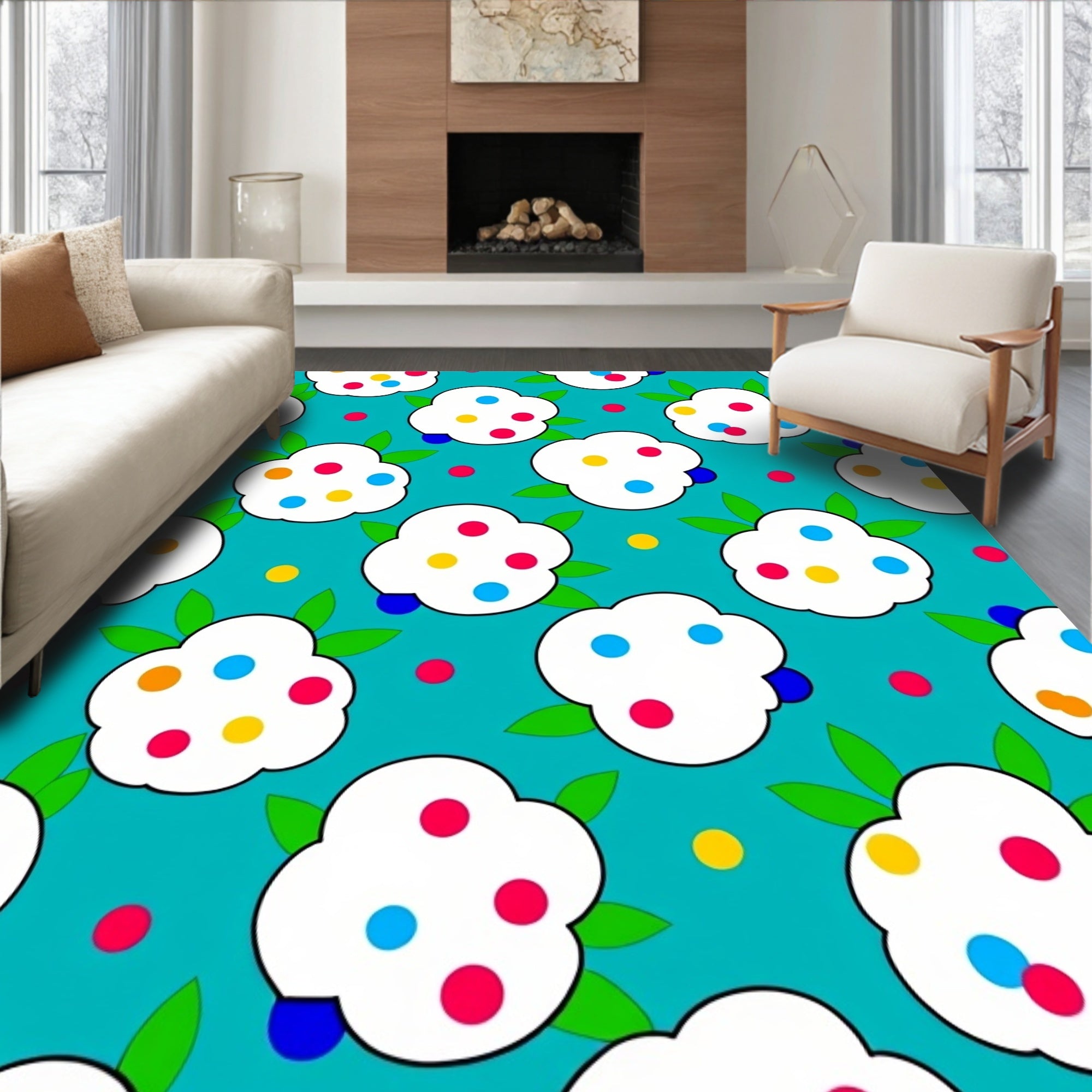 White Blossom Polka Dot Teal Rug