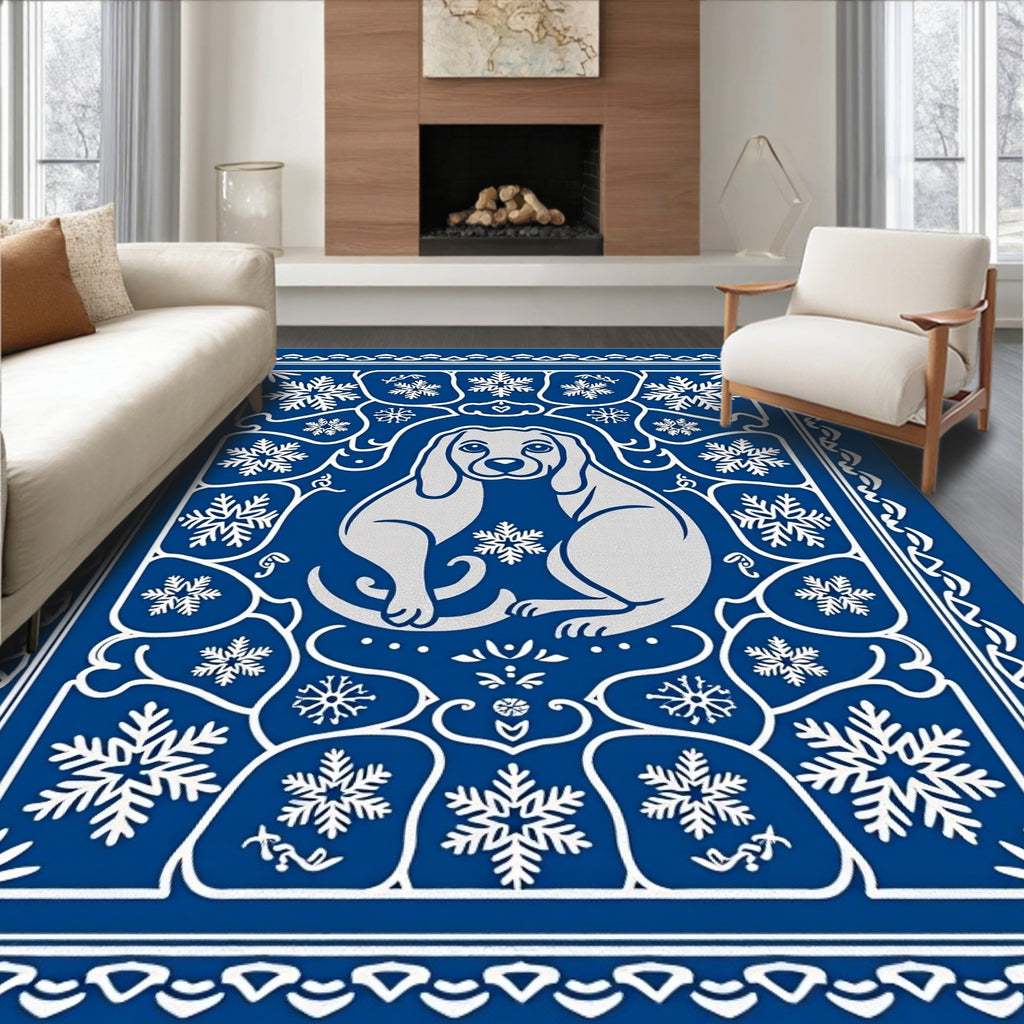 Blue Silver Festive Dog Snowflake Border Rug