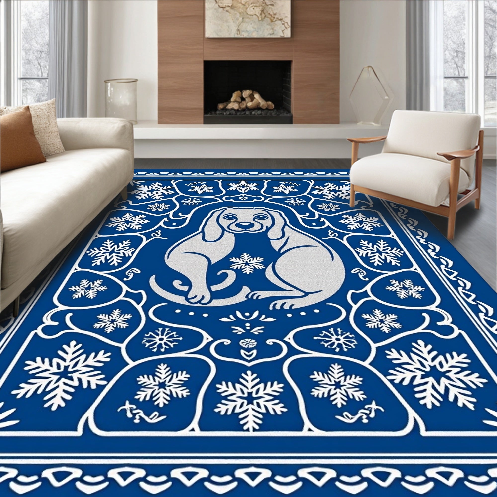 Blue Silver Festive Dog Snowflake Border Rug