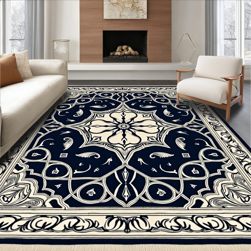 Navy Cream Floral Arabesque Rug
