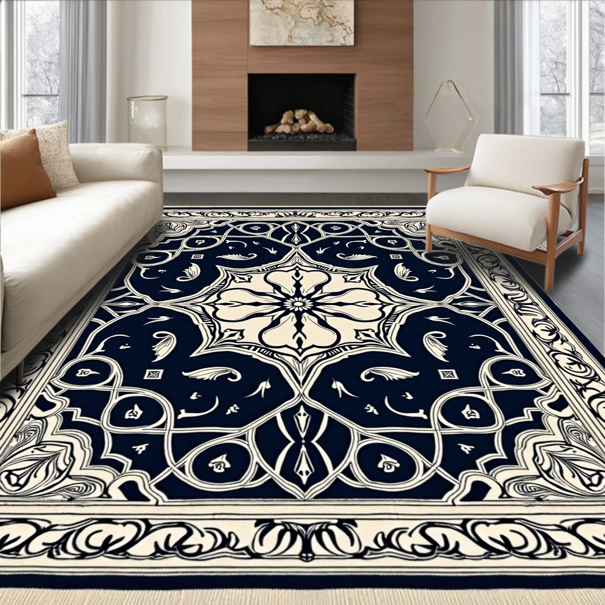 Navy Cream Floral Arabesque Rug