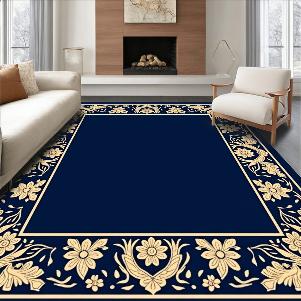 Navy Floral Scroll Border Rug