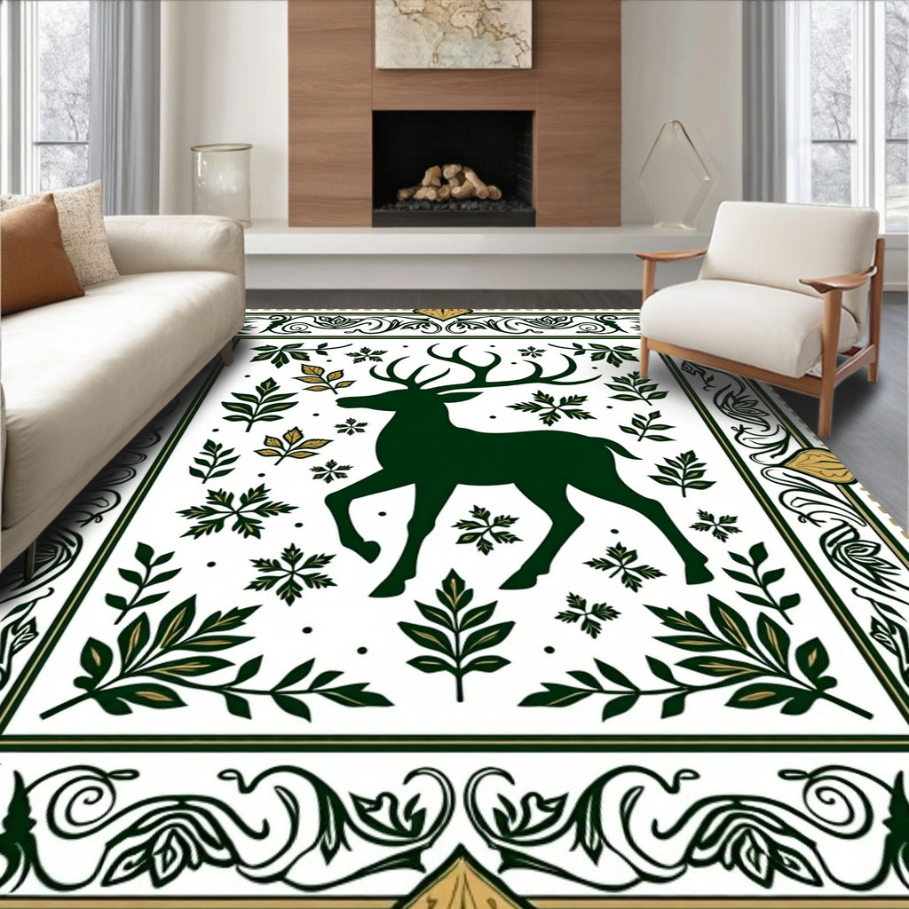 Forest Green Deer With Leafy Border Rug