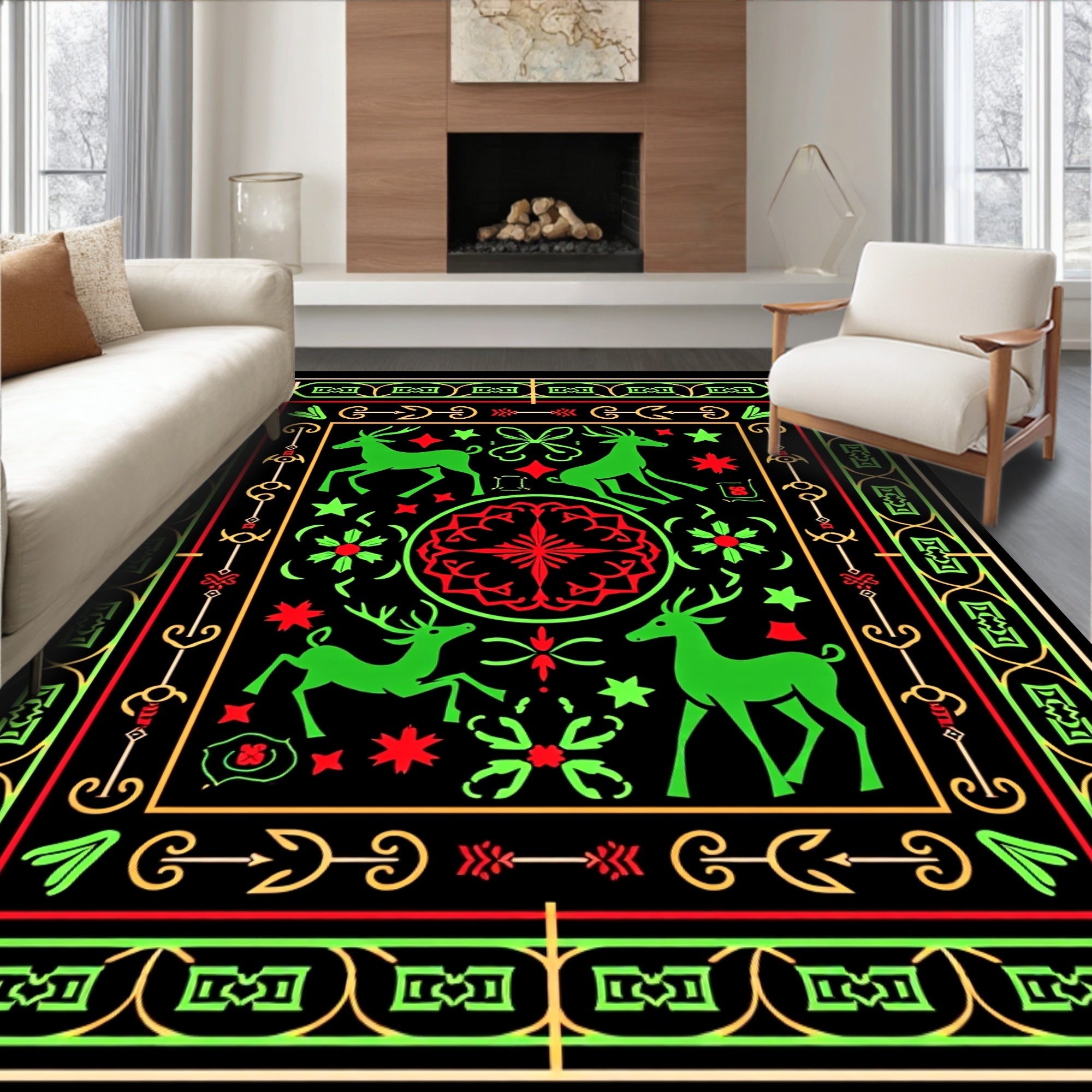 Vibrant Green Deer Garden Medallion Rug