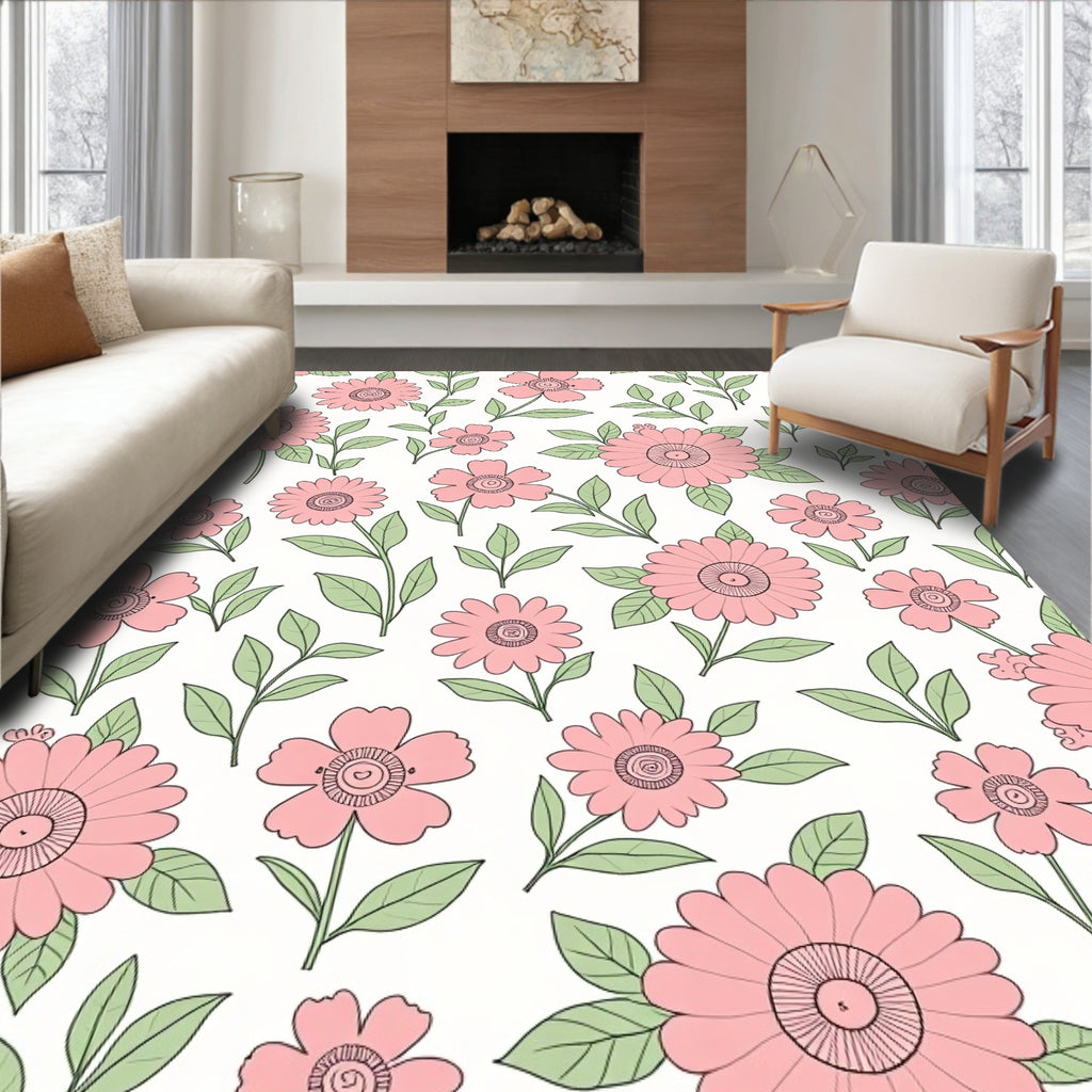 Whimsical Pink Floral Spring Garden Rug
