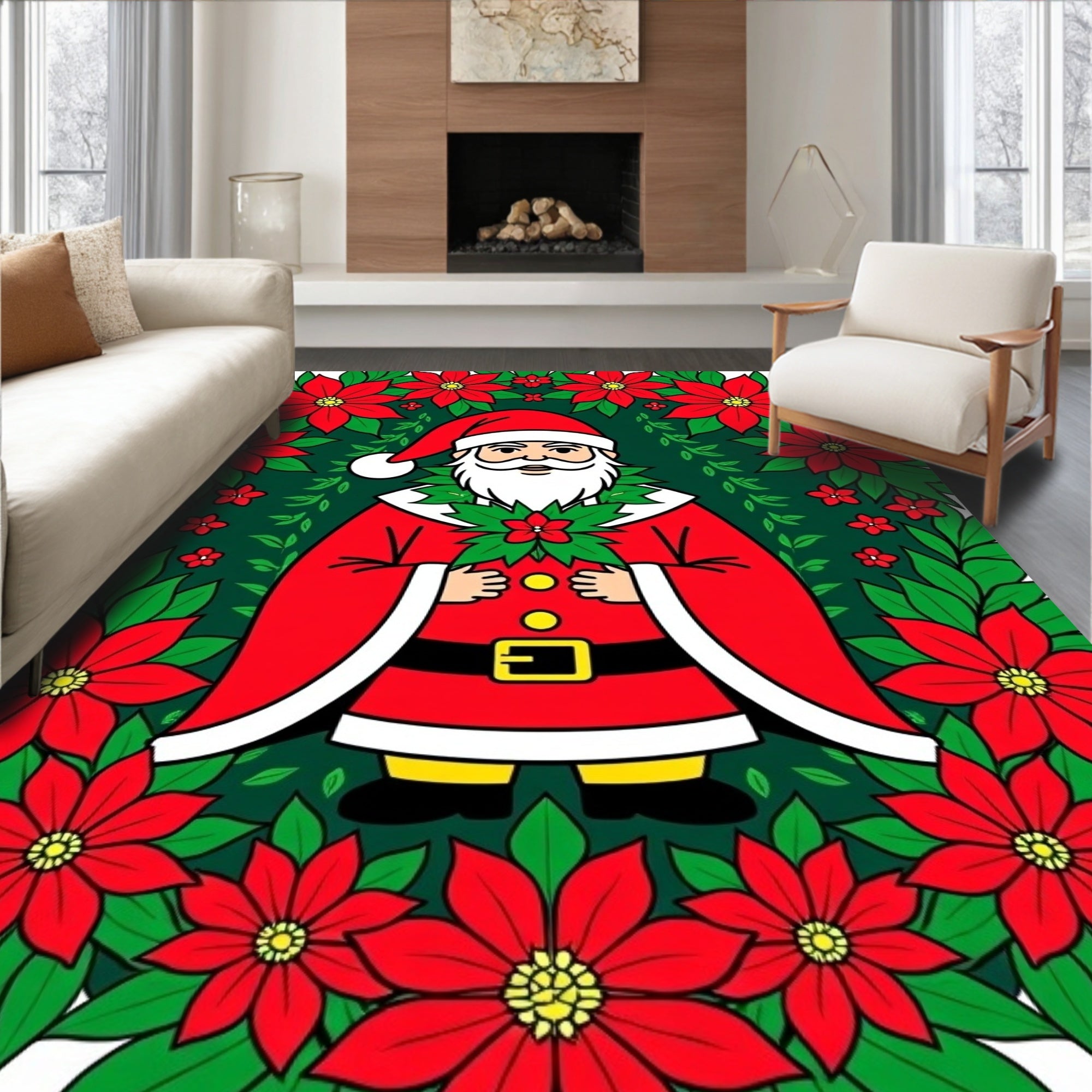 Classic Santa Holiday Poinsettia Wreath Rug