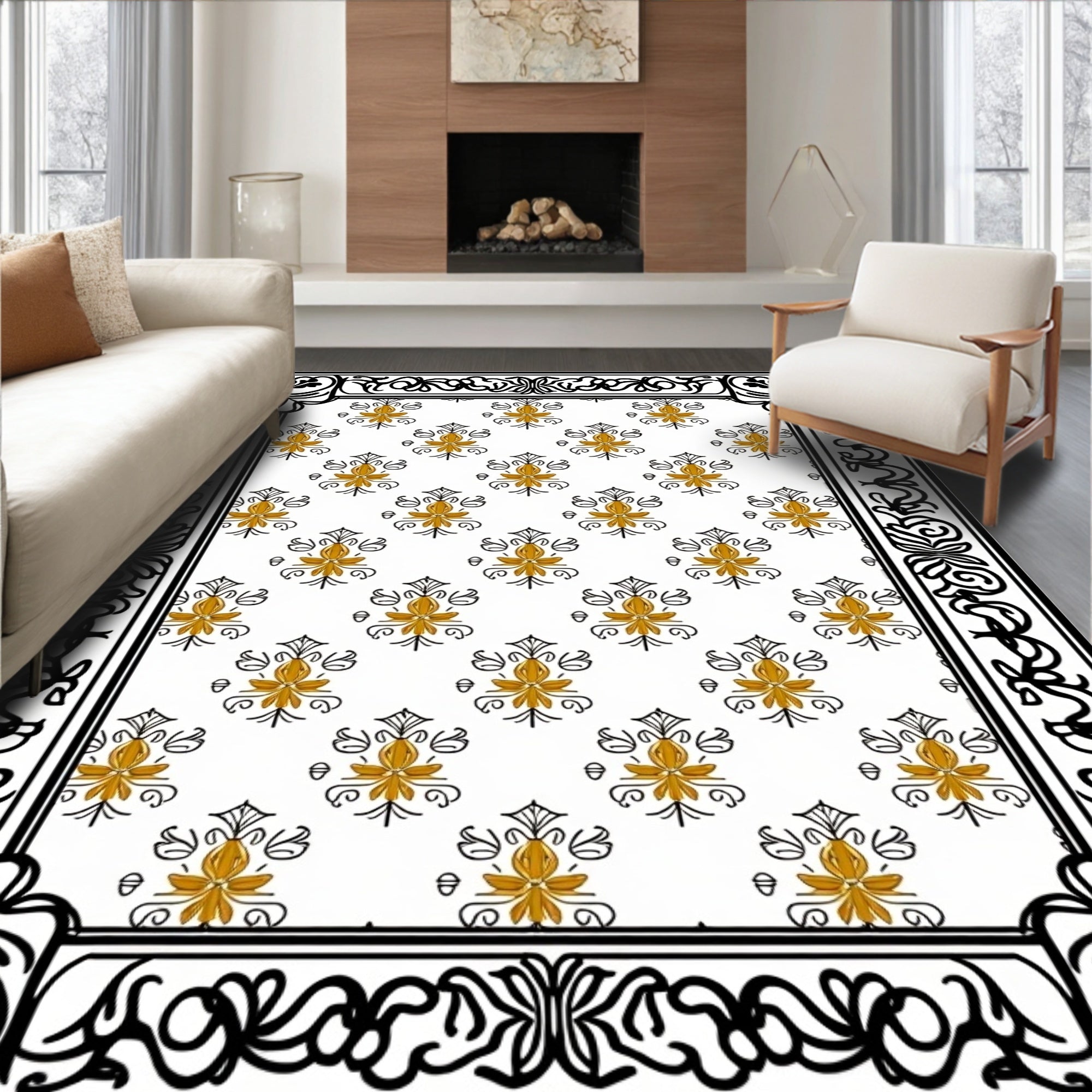 Ornate Golden Floral Lattice Rug